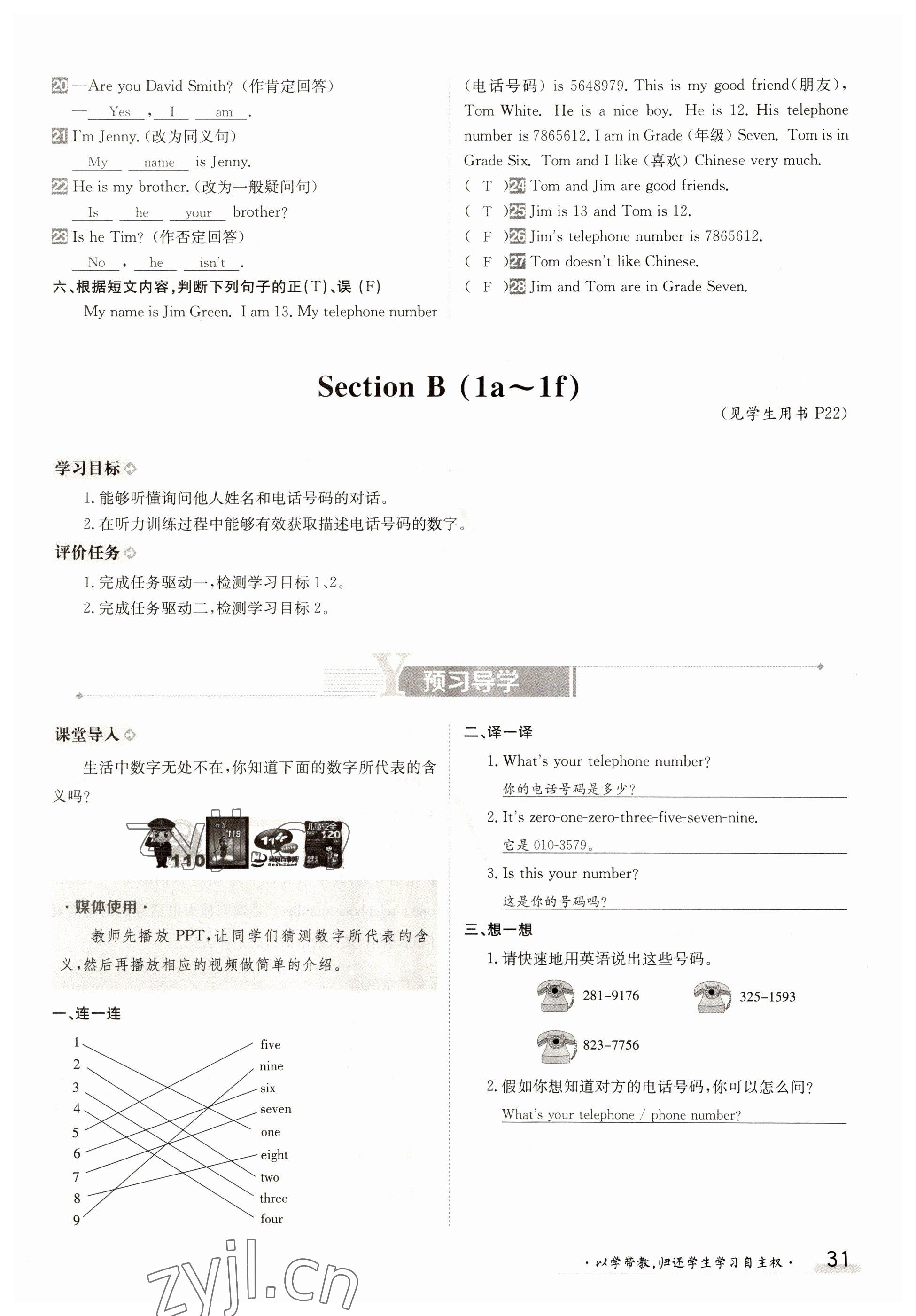 2023年金太陽導(dǎo)學(xué)案七年級(jí)英語上冊(cè)人教版 參考答案第31頁