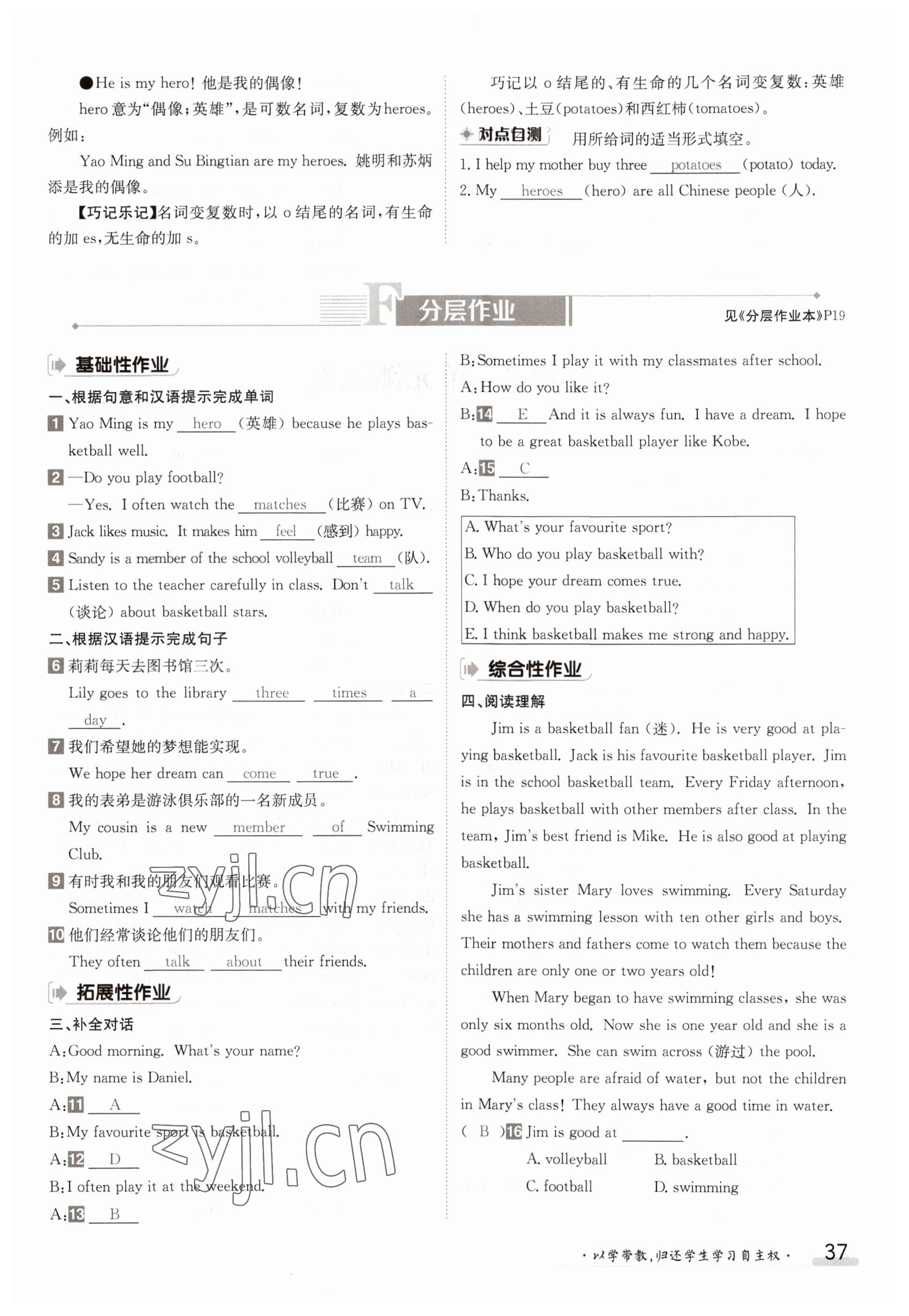 2023年金太陽導學案七年級英語上冊譯林版 參考答案第37頁