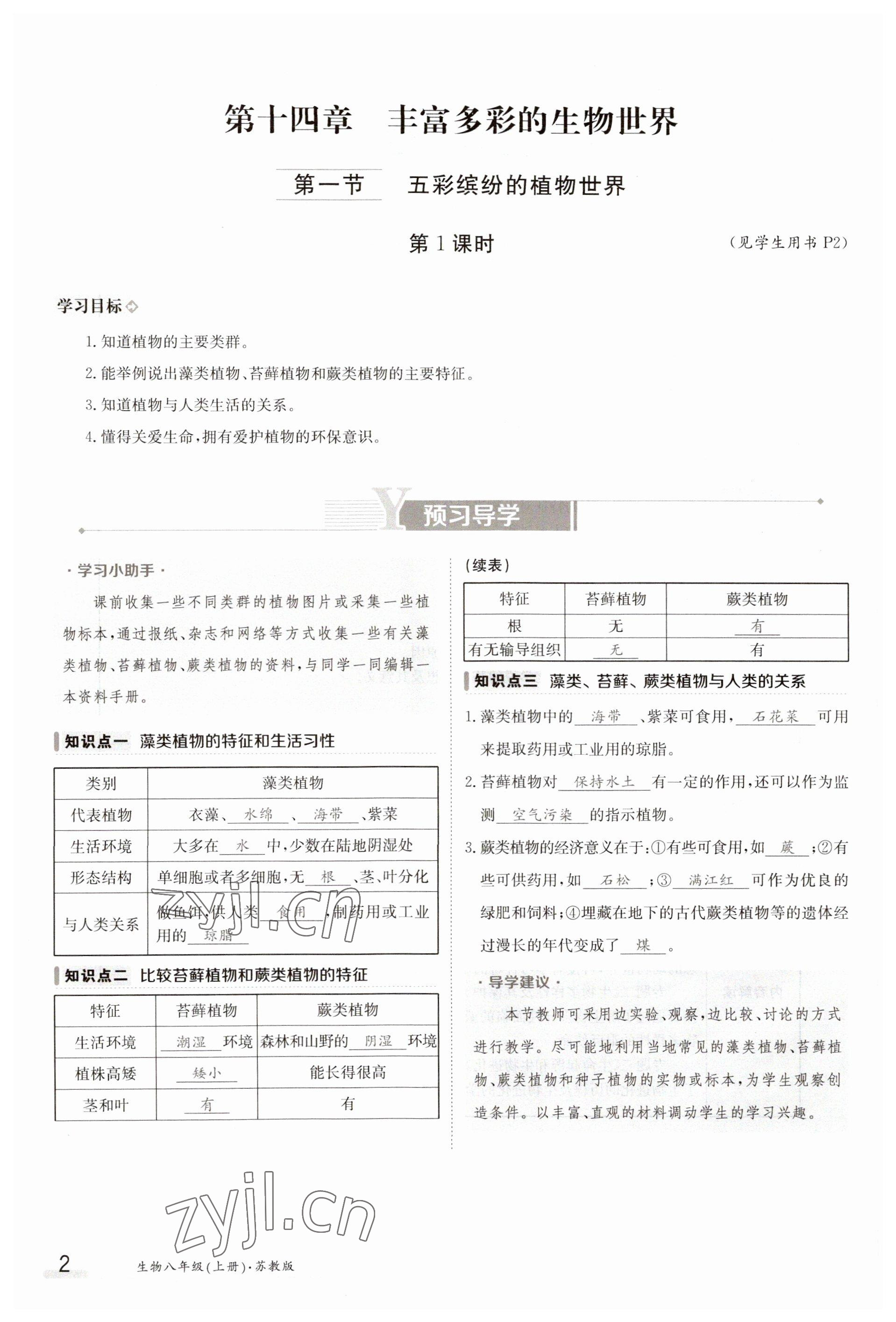 2023年金太阳导学案八年级生物上册苏教版 参考答案第2页