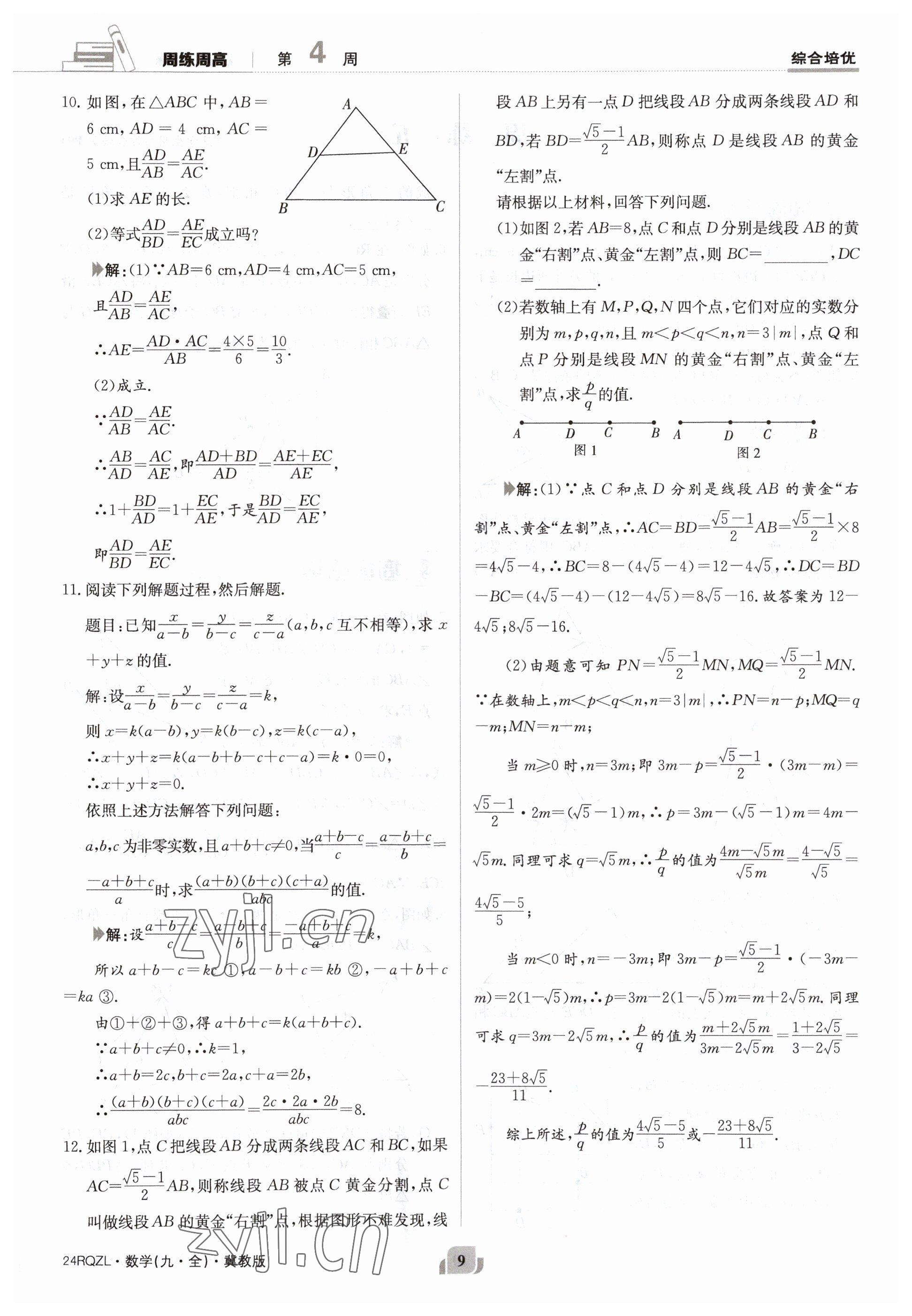 2023年日清周练九年级数学冀教版 参考答案第9页