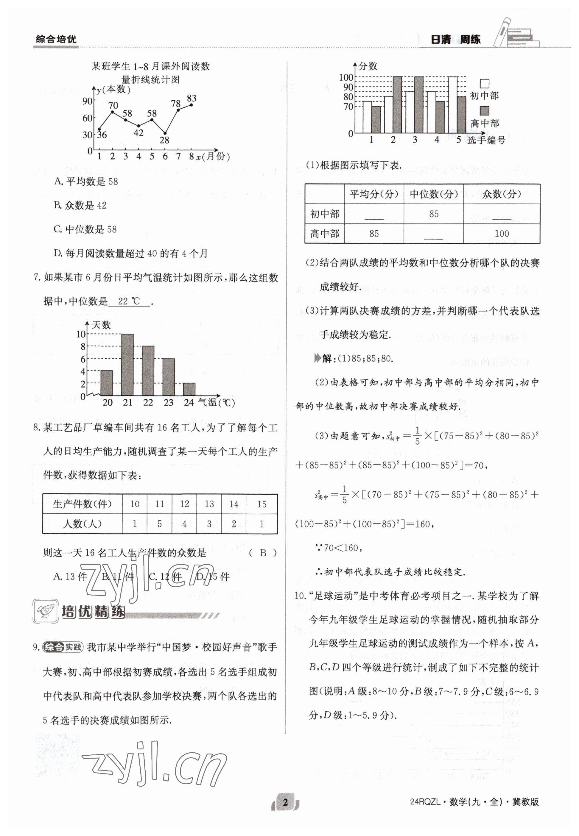 2023年日清周练九年级数学冀教版 参考答案第2页