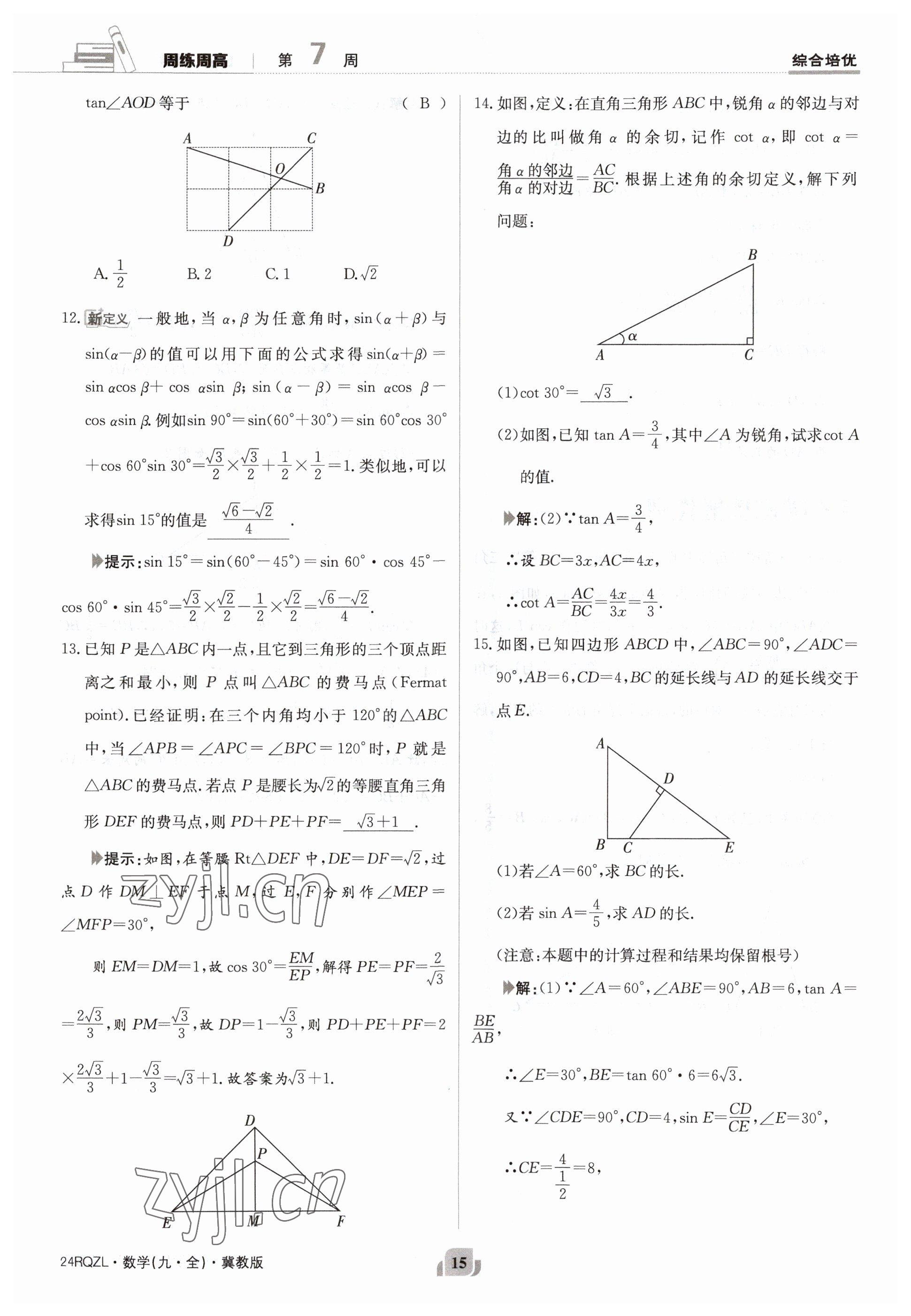 2023年日清周练九年级数学冀教版 参考答案第15页