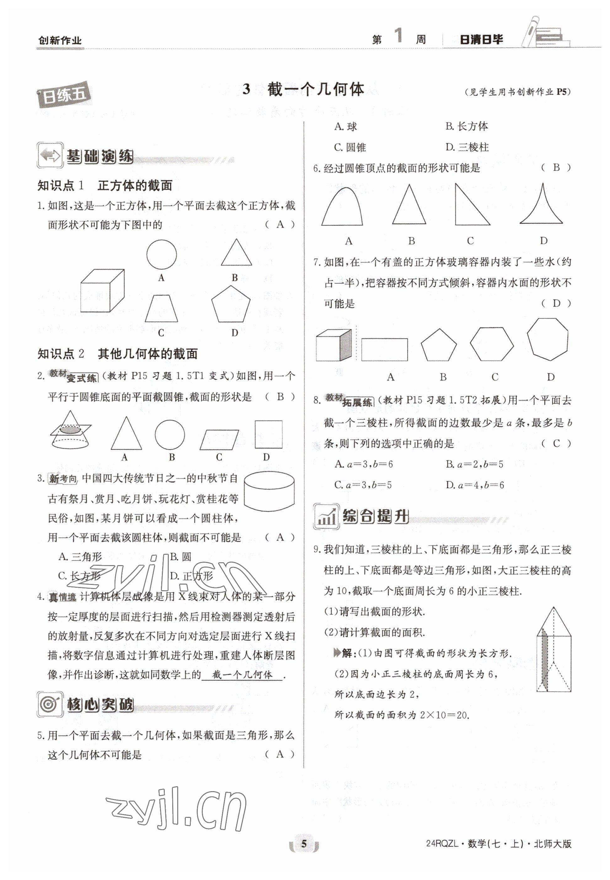 2023年日清周練七年級(jí)數(shù)學(xué)上冊(cè)北師大版 參考答案第5頁(yè)