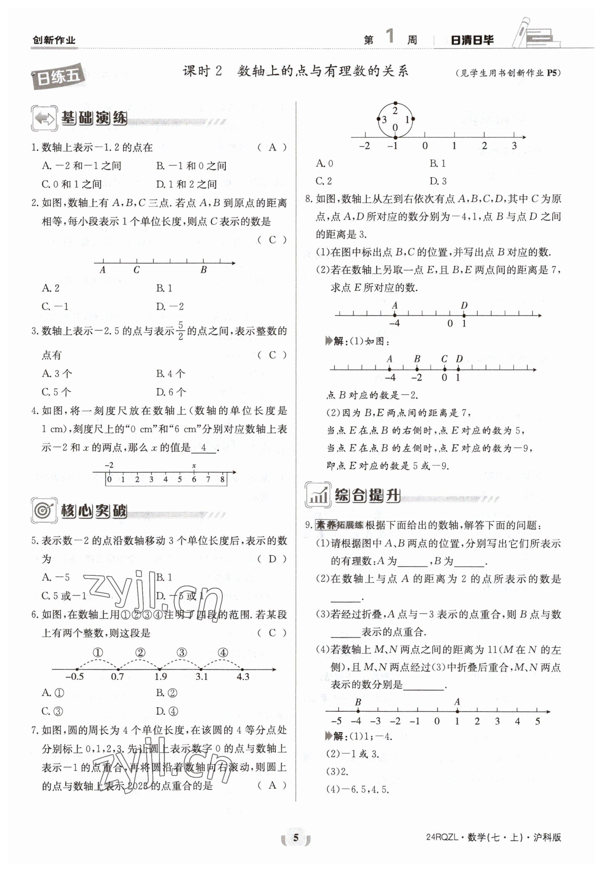 2023年日清周练七年级数学上册沪科版 参考答案第5页