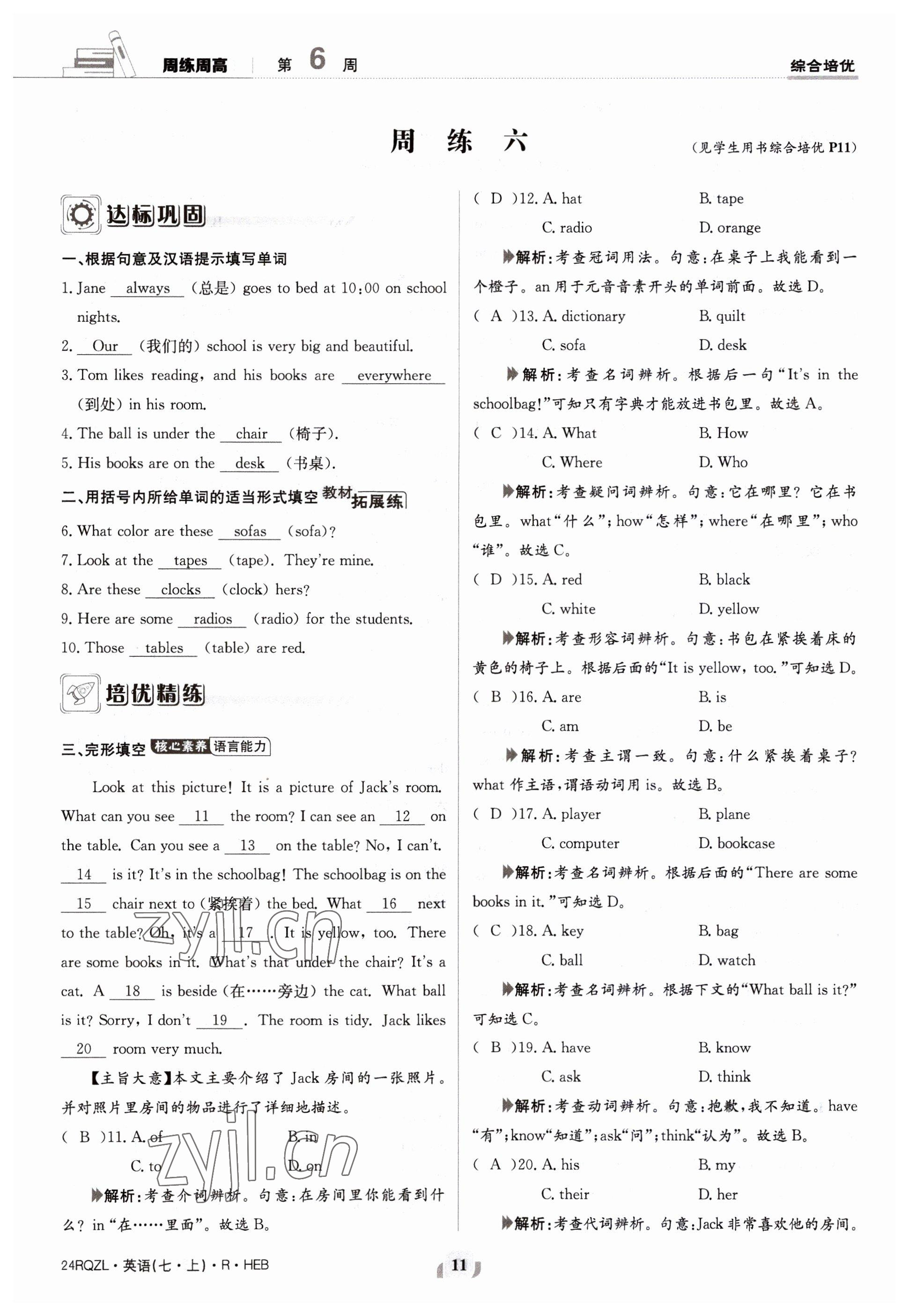 2023年日清周練七年級英語上冊人教版 參考答案第11頁