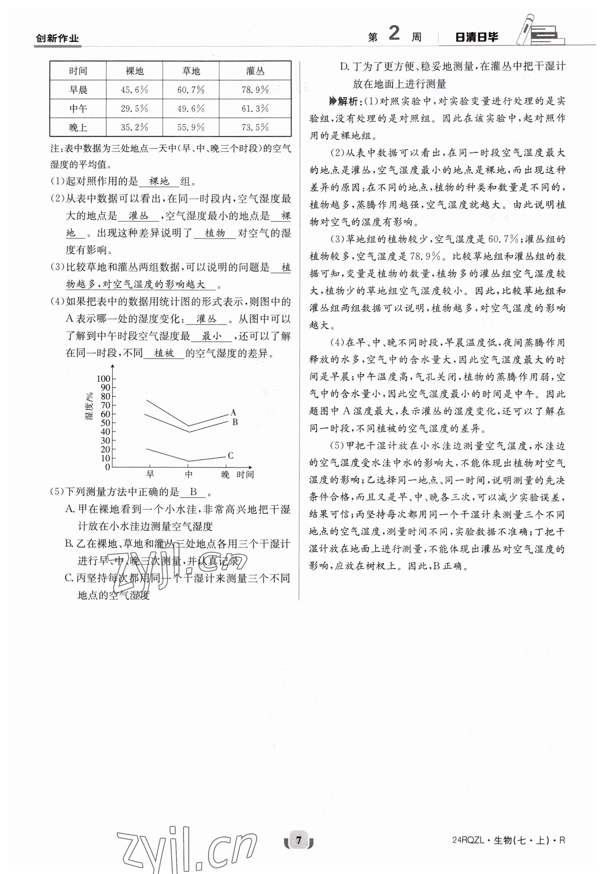 2023年日清周練七年級生物上冊人教版 參考答案第7頁