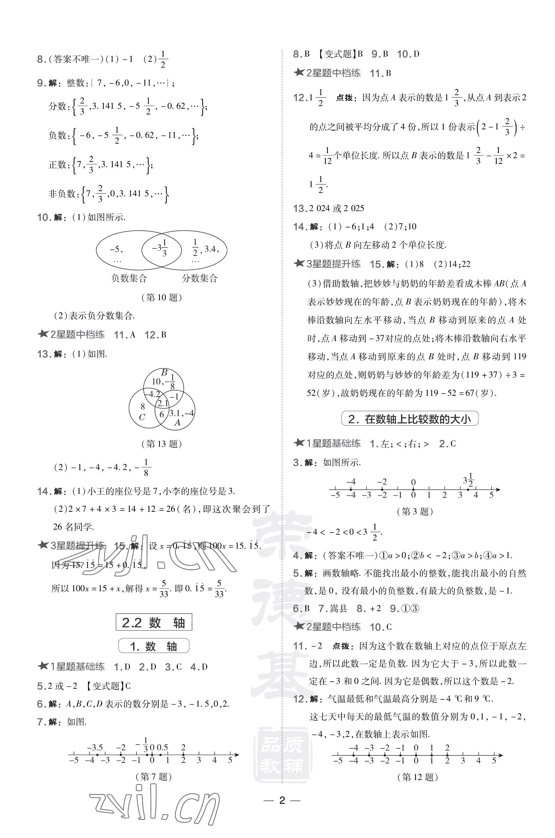 2023年點(diǎn)撥訓(xùn)練七年級數(shù)學(xué)上冊華師大版 參考答案第2頁