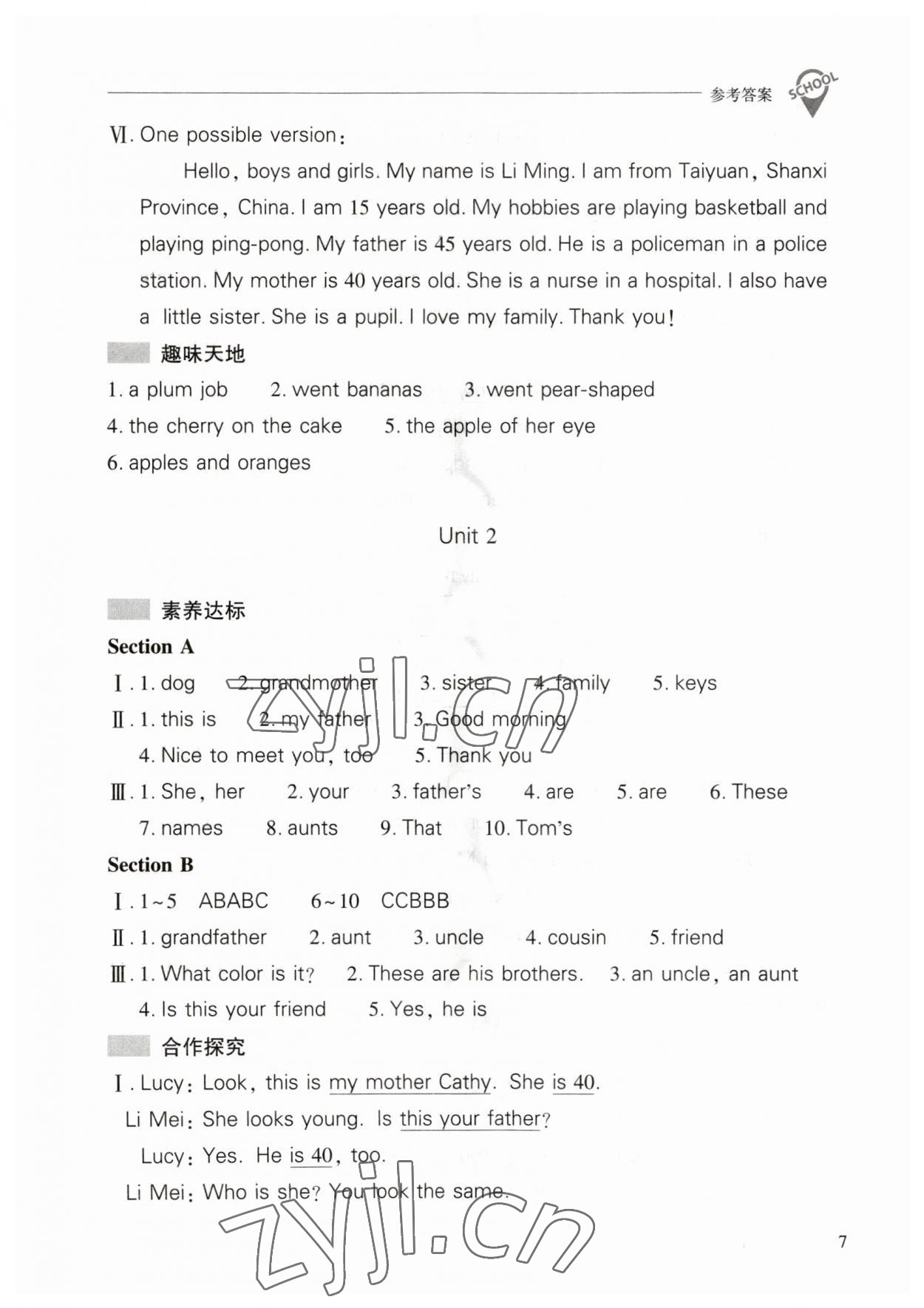 2023年新课程问题解决导学方案七年级英语上册人教版 参考答案第7页