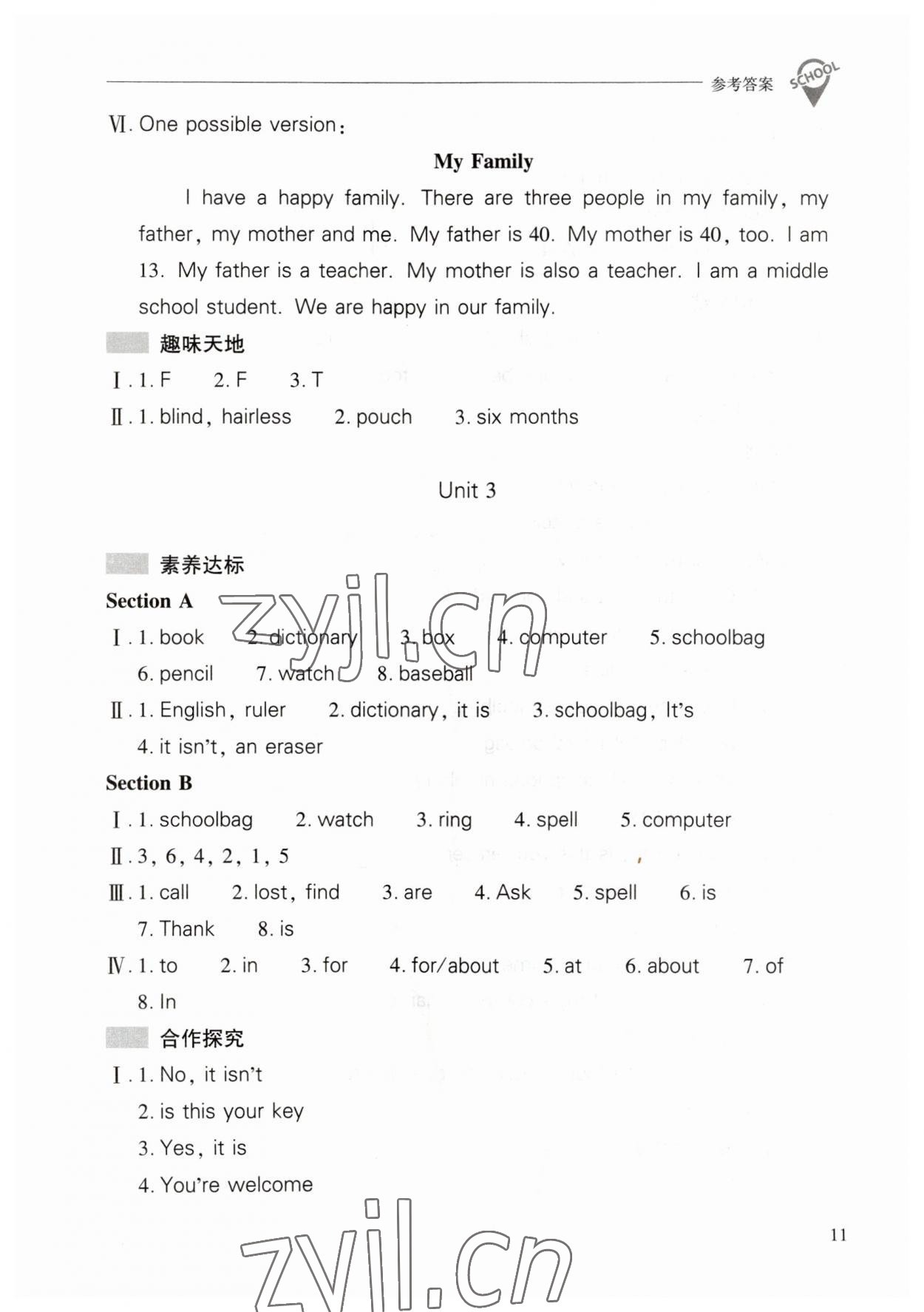 2023年新课程问题解决导学方案七年级英语上册人教版 参考答案第11页