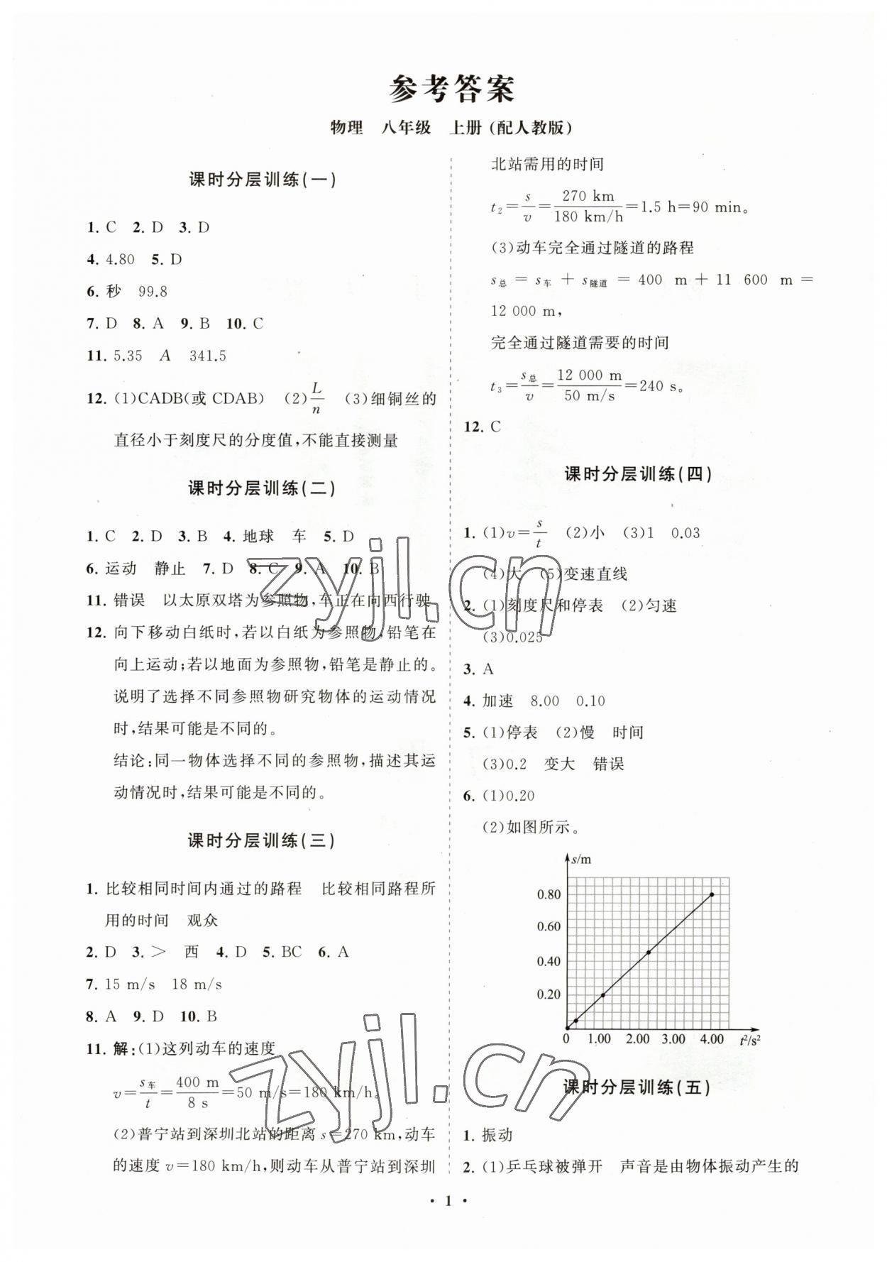 2023年初中同步练习册分层卷八年级物理上册人教版 参考答案第1页