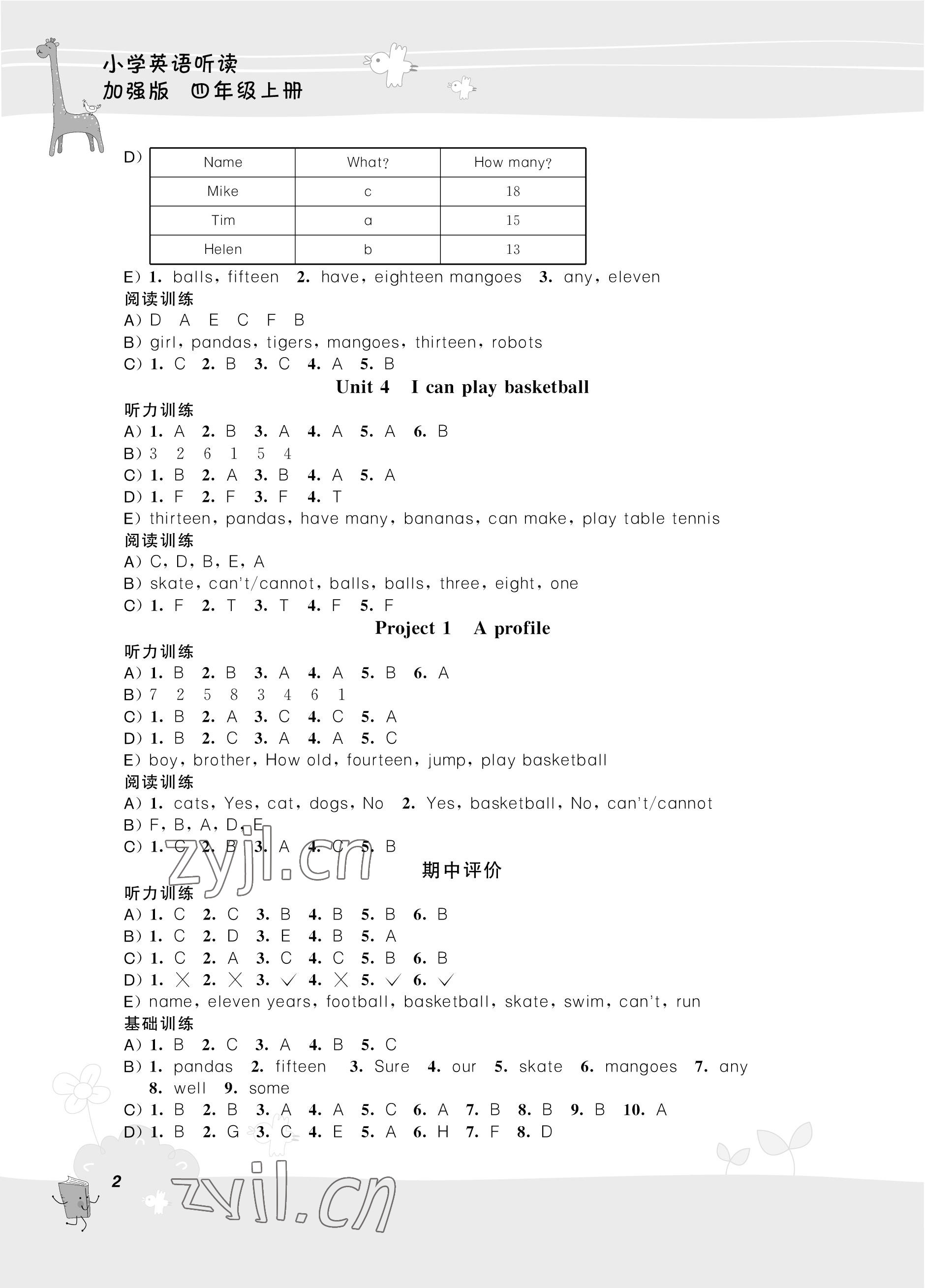 2023年聽讀教室小學(xué)英語聽讀四年級(jí)上冊(cè)譯林版加強(qiáng)版 參考答案第2頁