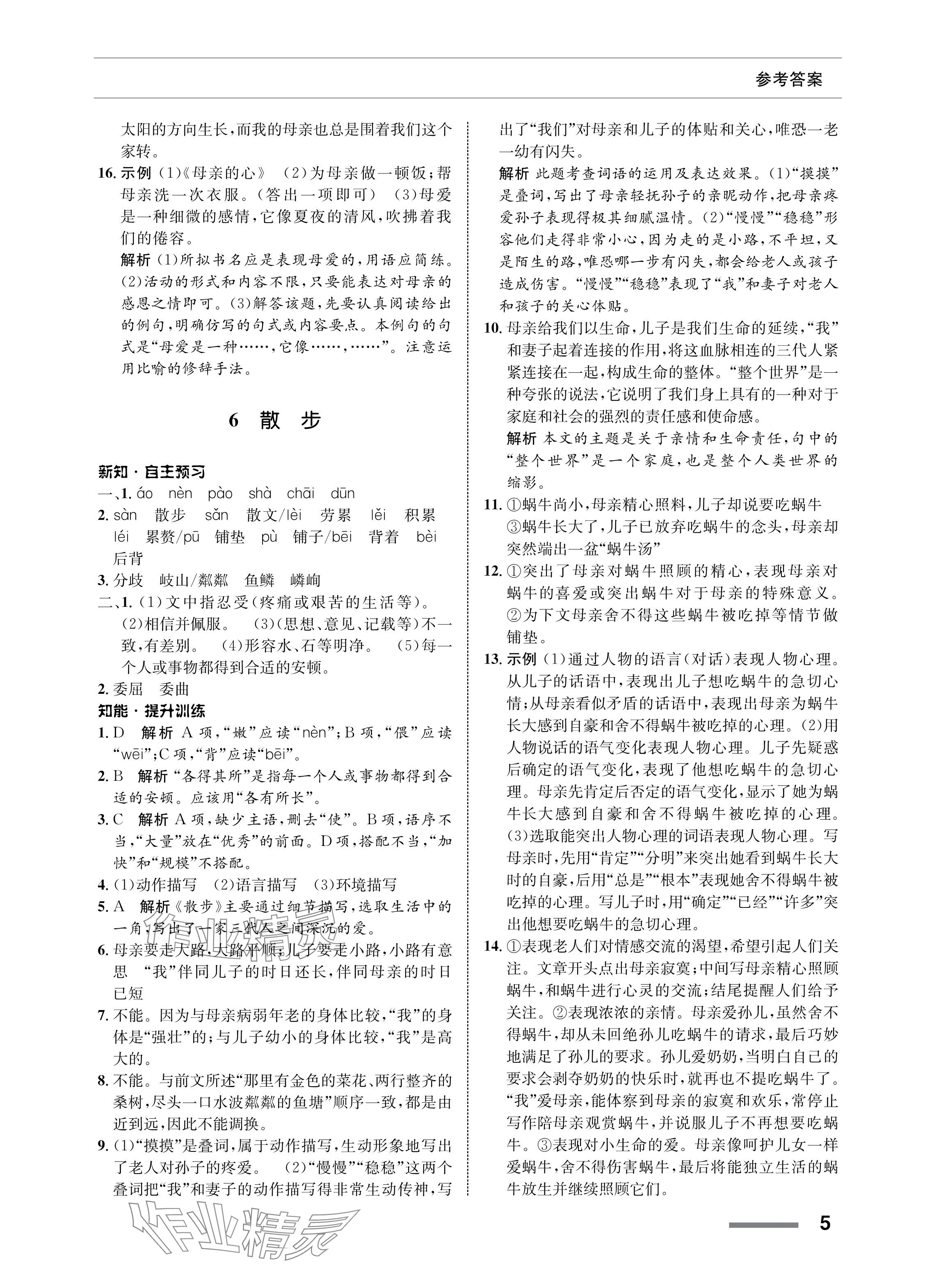 2023年配套综合练习甘肃七年级语文上册人教版 参考答案第5页