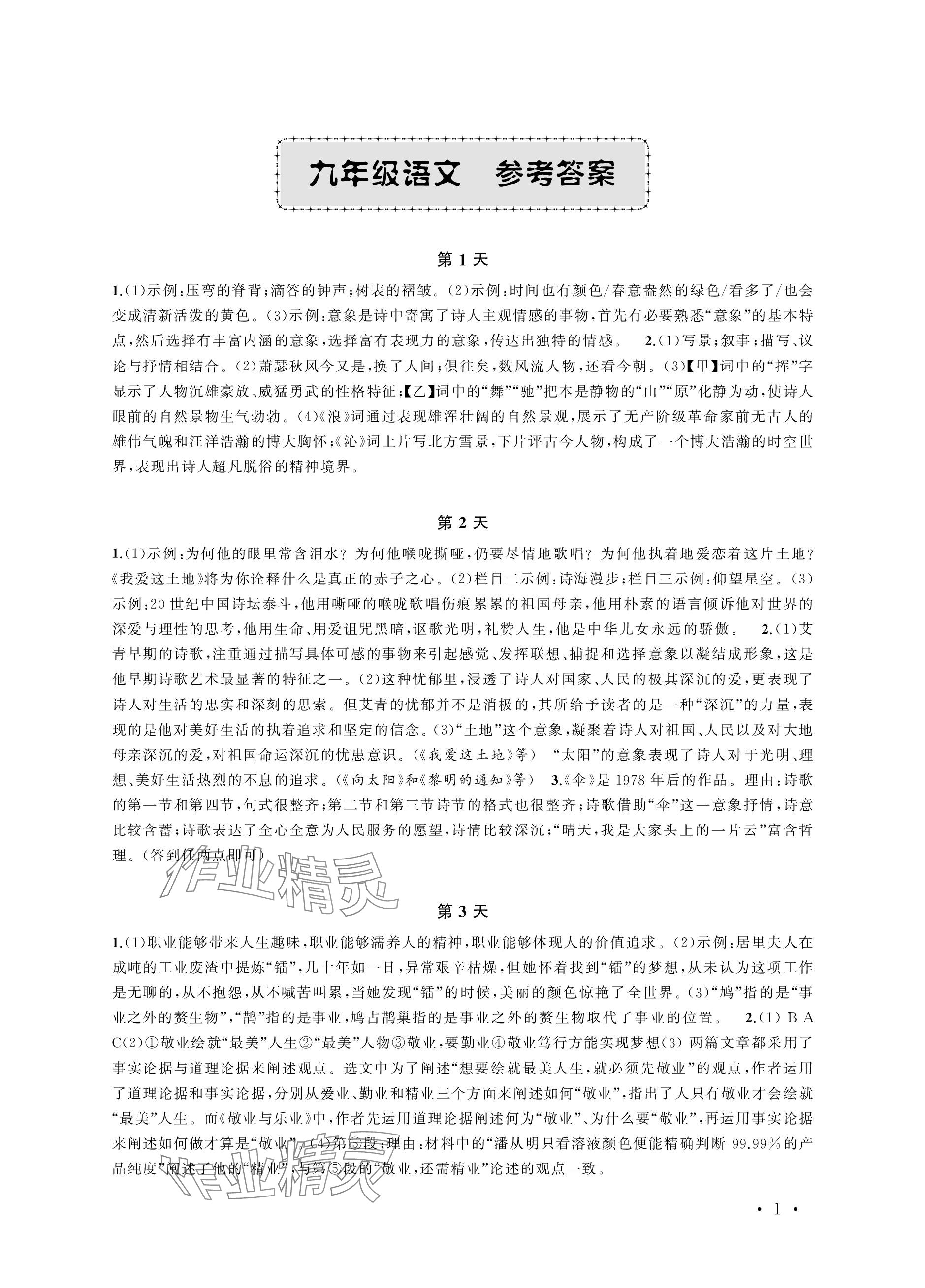 2024年优化学习寒假20天九年级语文江苏专版 参考答案第1页