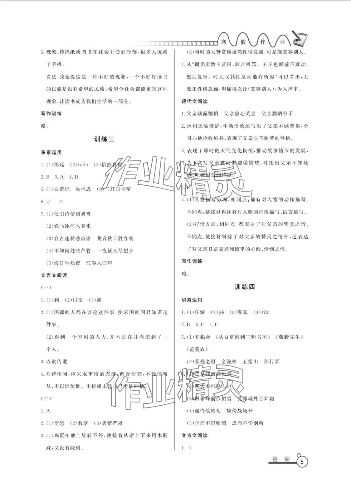 2024年寒假作业山东文艺出版社七年级 第5页