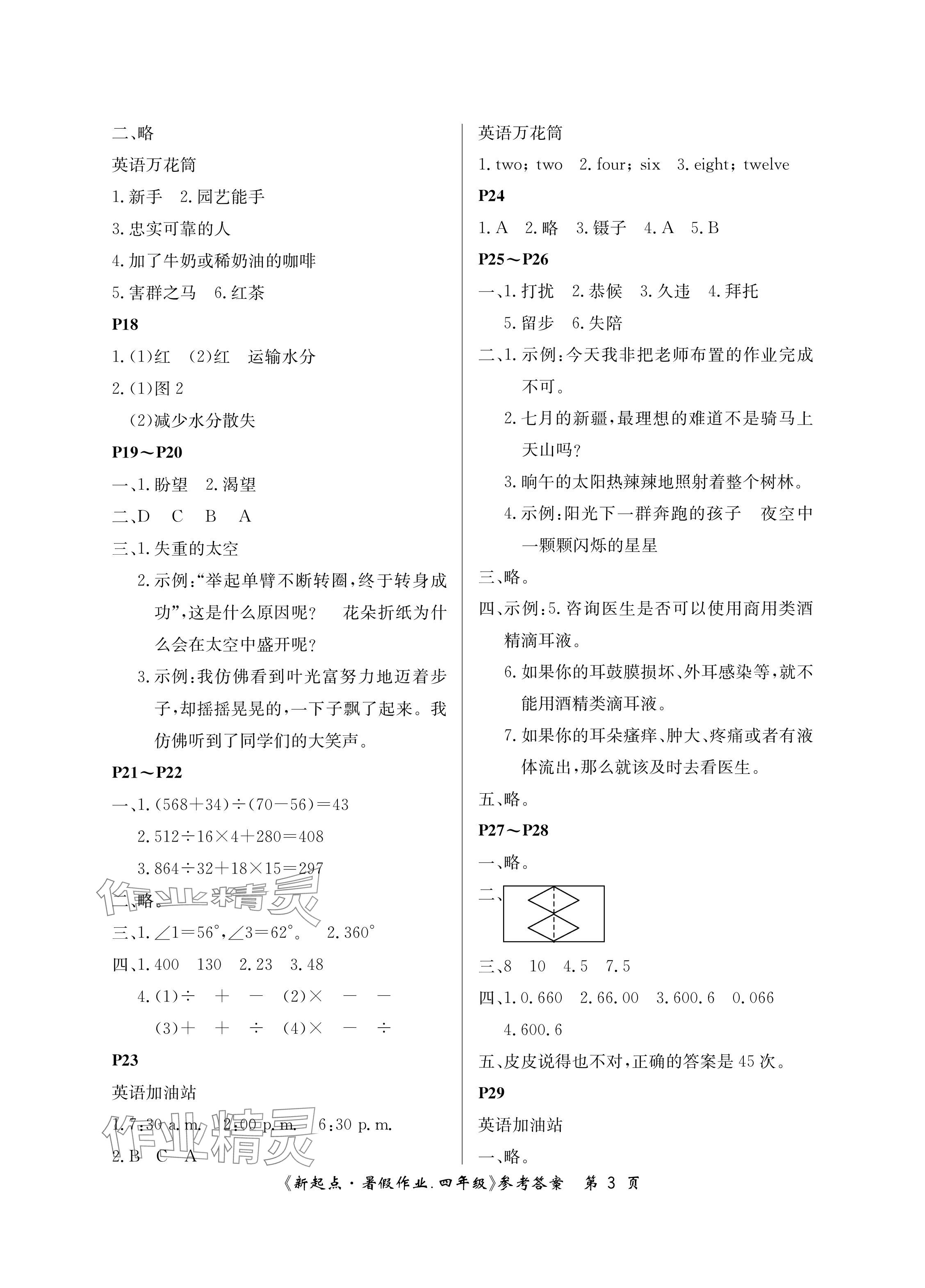 2024年新起点暑假作业四年级合订本 参考答案第3页