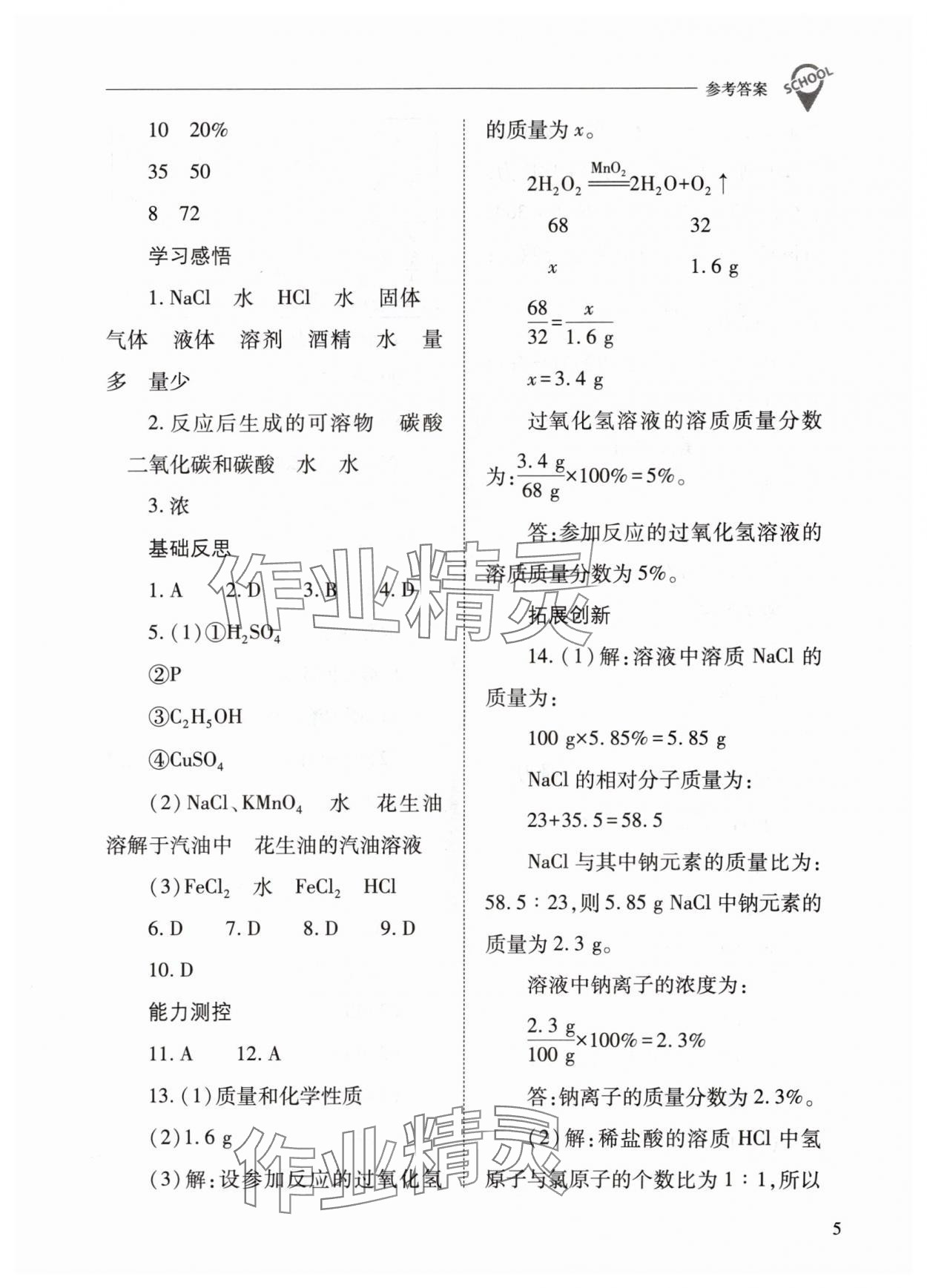 2024年新课程问题解决导学方案九年级化学下册沪教版 参考答案第5页