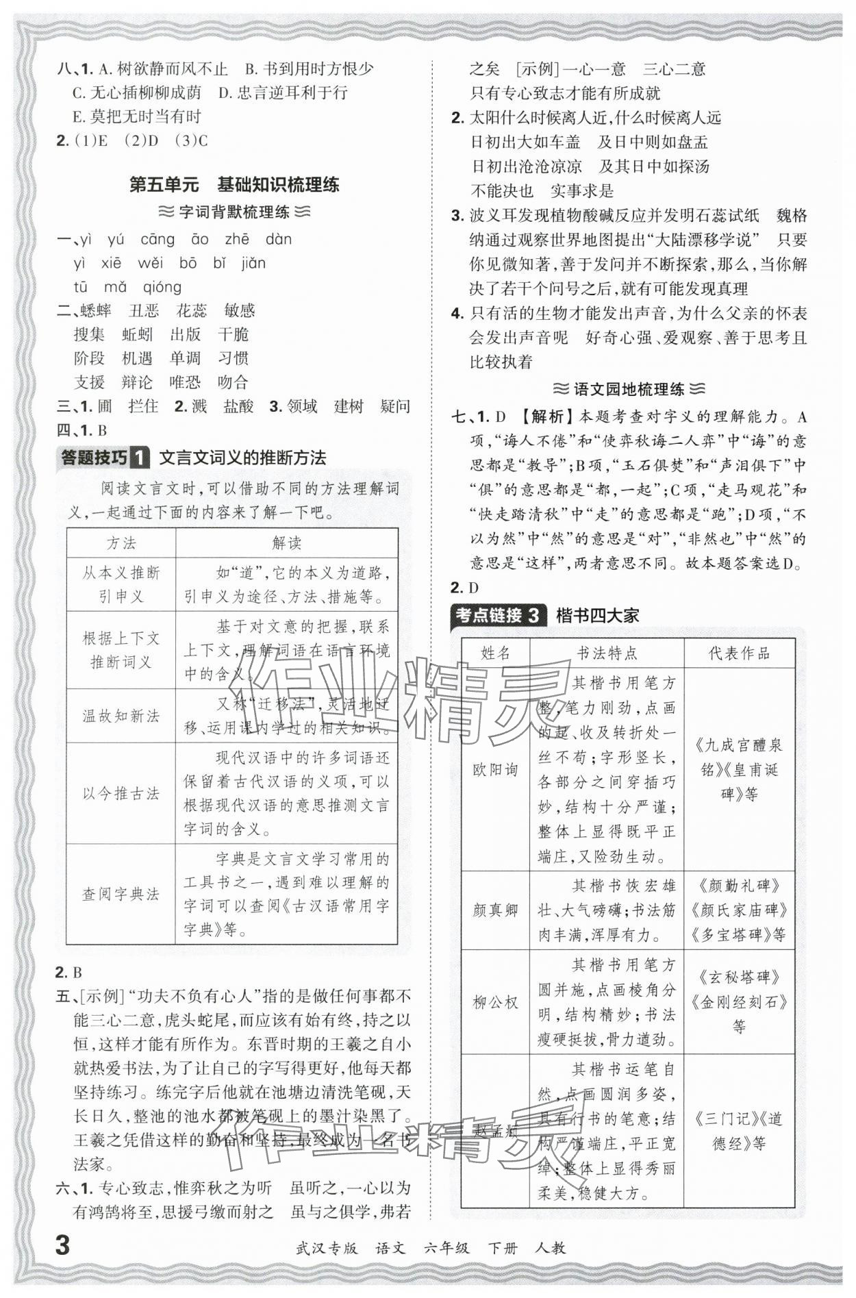 2024年王朝霞期末真题精编六年级语文下册人教版武汉专版 参考答案第3页