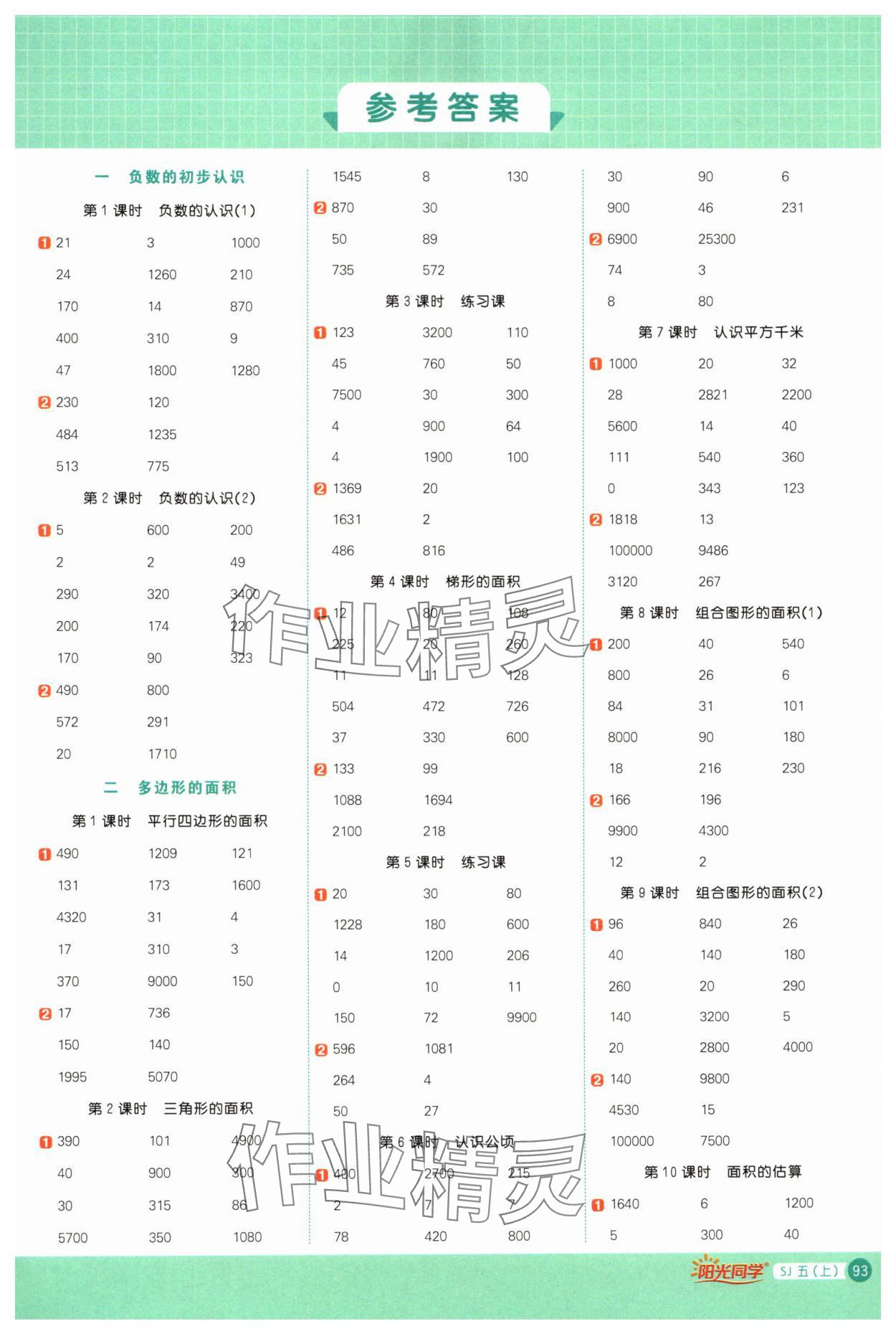 2024年阳光同学计算小达人五年级数学上册苏教版 参考答案第1页