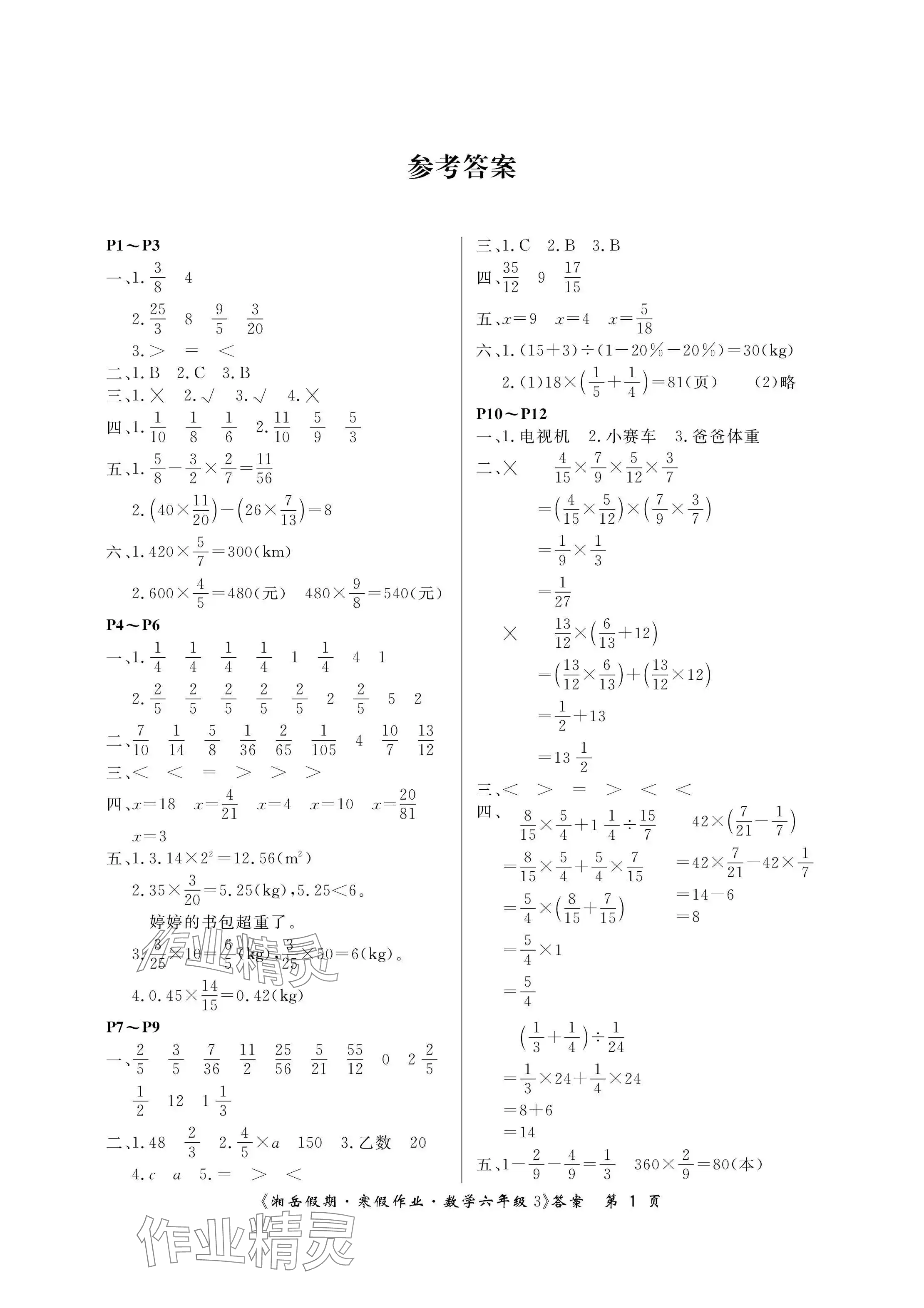 2024年湘岳假期寒假作业六年级数学人教版第三版 参考答案第1页