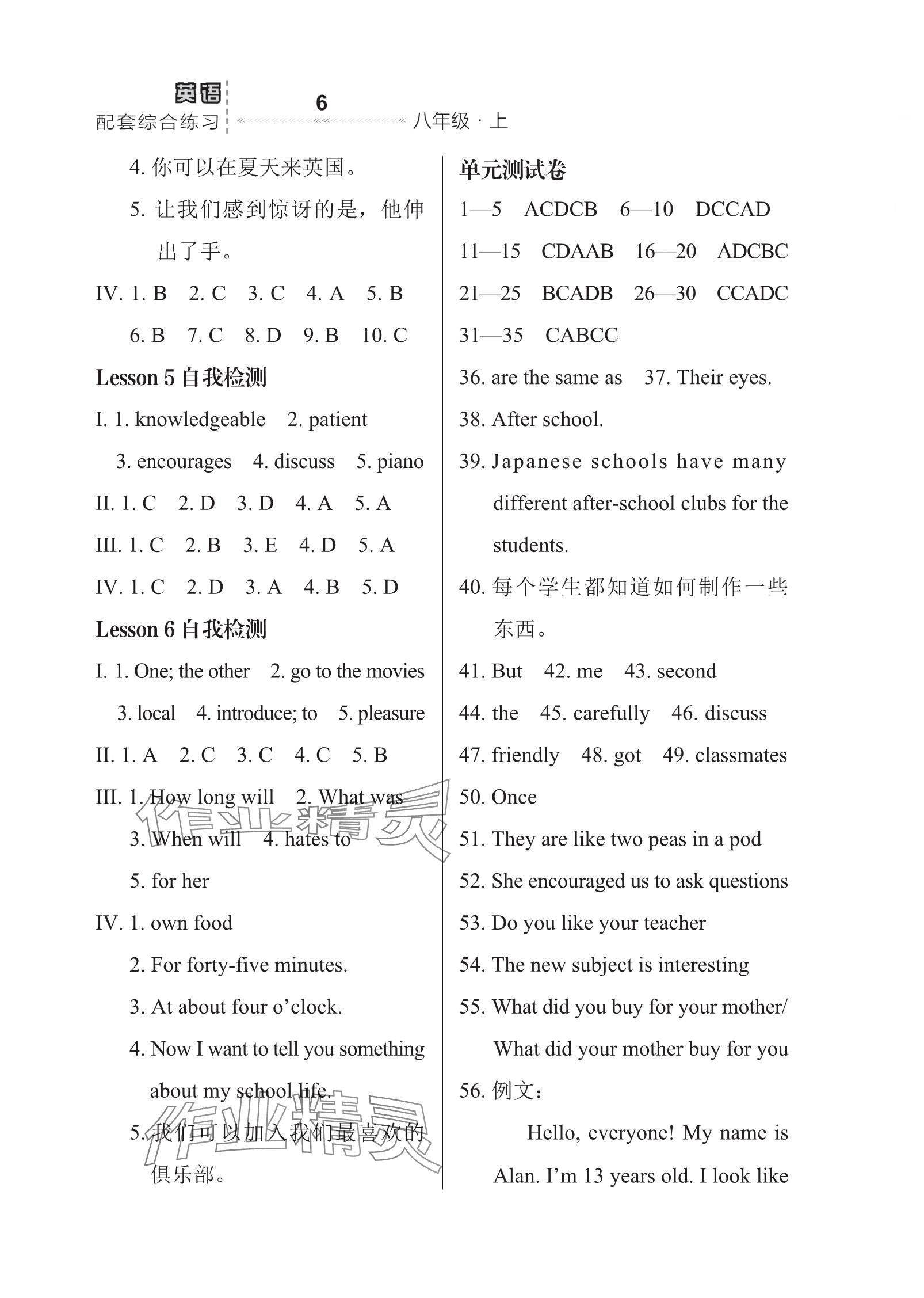 2023年配套綜合練習(xí)甘肅八年級英語上冊冀教版 參考答案第6頁