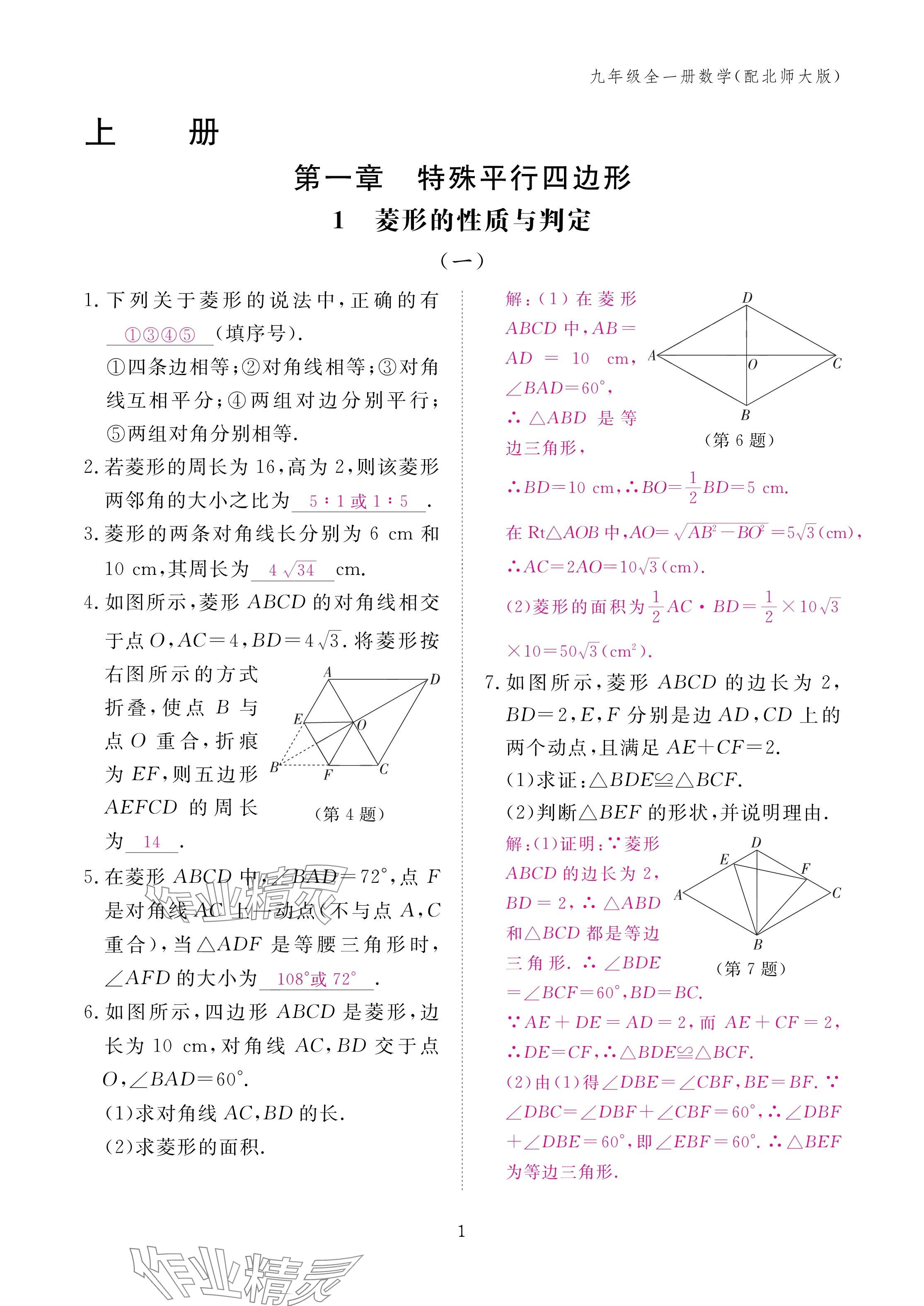 2024年作業(yè)本江西教育出版社九年級數(shù)學(xué)全一冊北師大版 第1頁