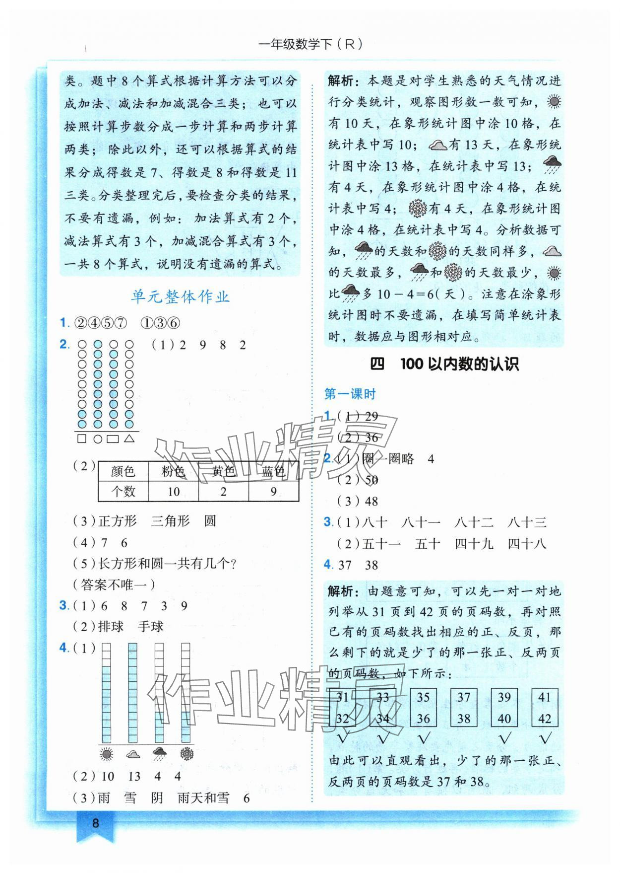 2024年黄冈小状元作业本一年级数学下册人教版 参考答案第8页