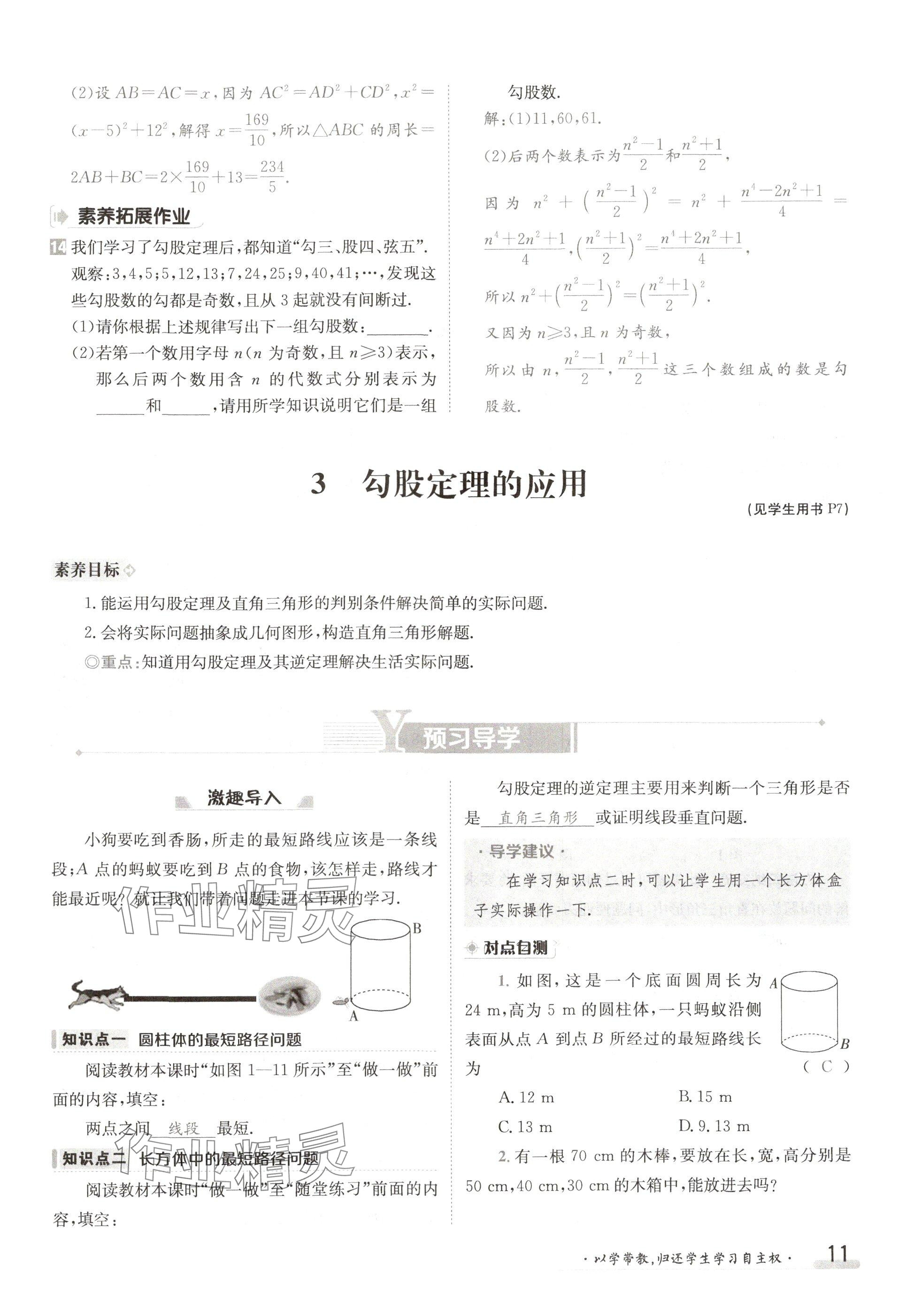 2024年金太阳导学案八年级数学上册北师大版 参考答案第11页