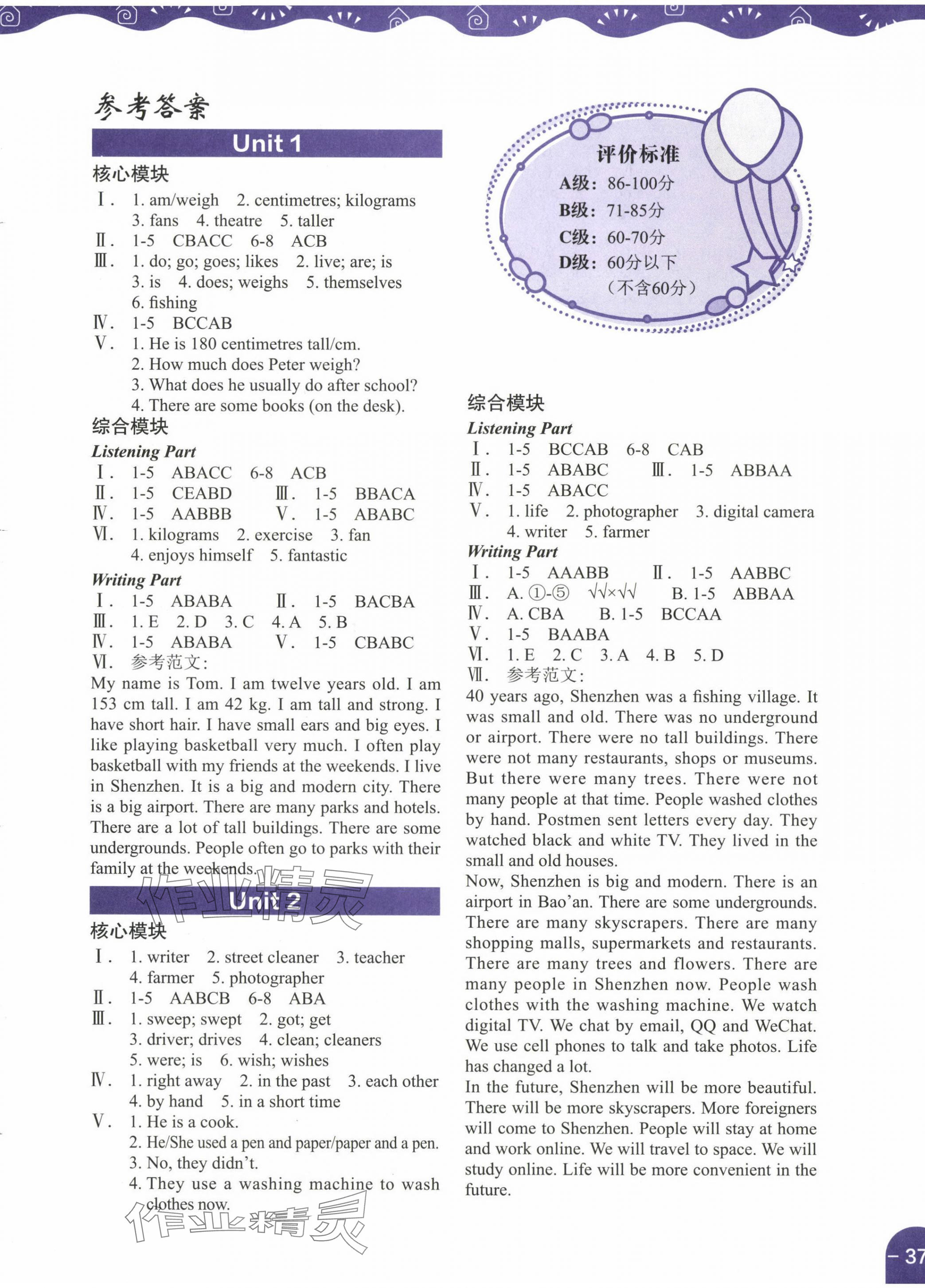 2024年深圳市小学英语课堂跟踪六年级下册沪教版 参考答案第1页