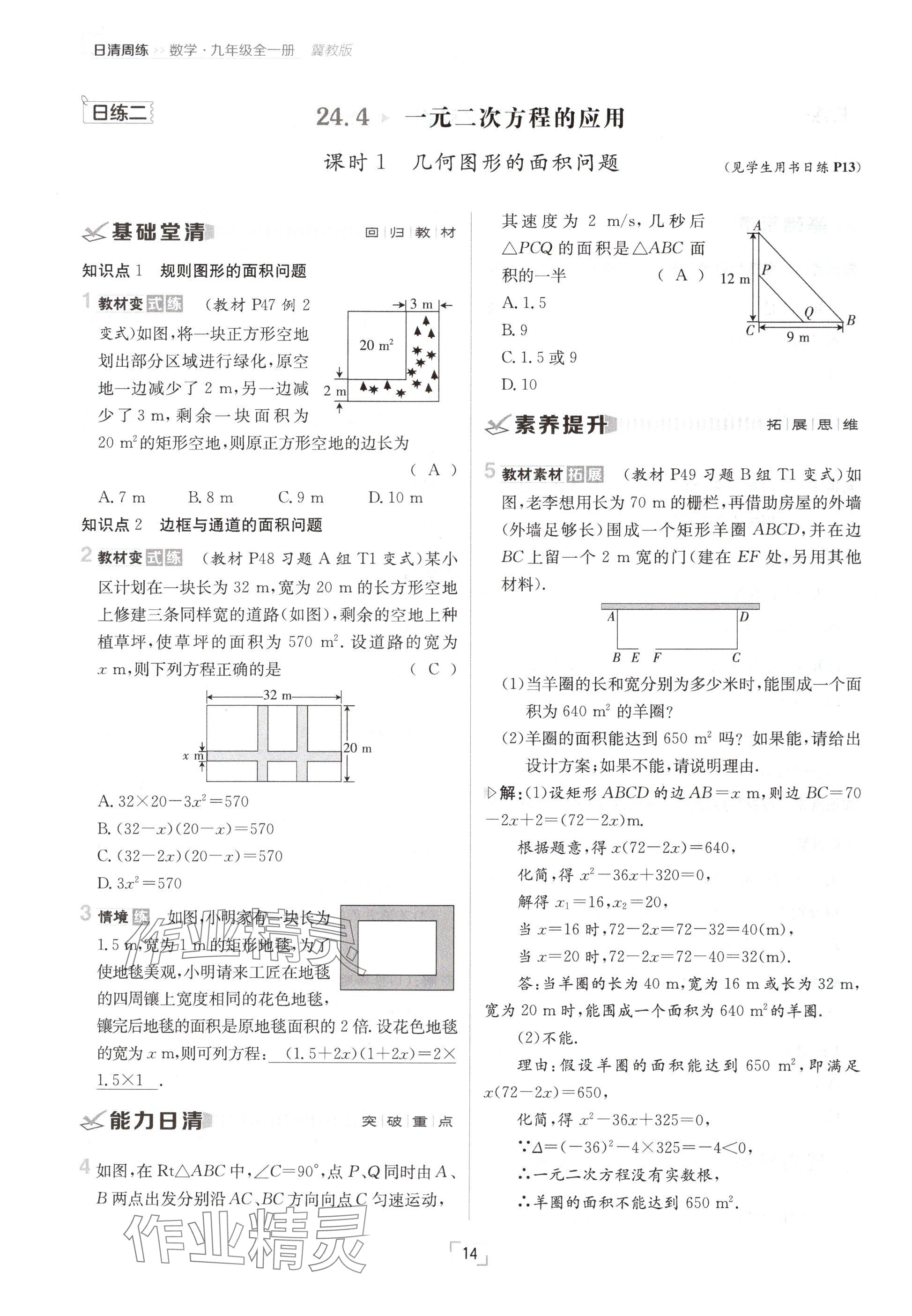 2024年日清周练九年级数学全一册冀教版 参考答案第14页