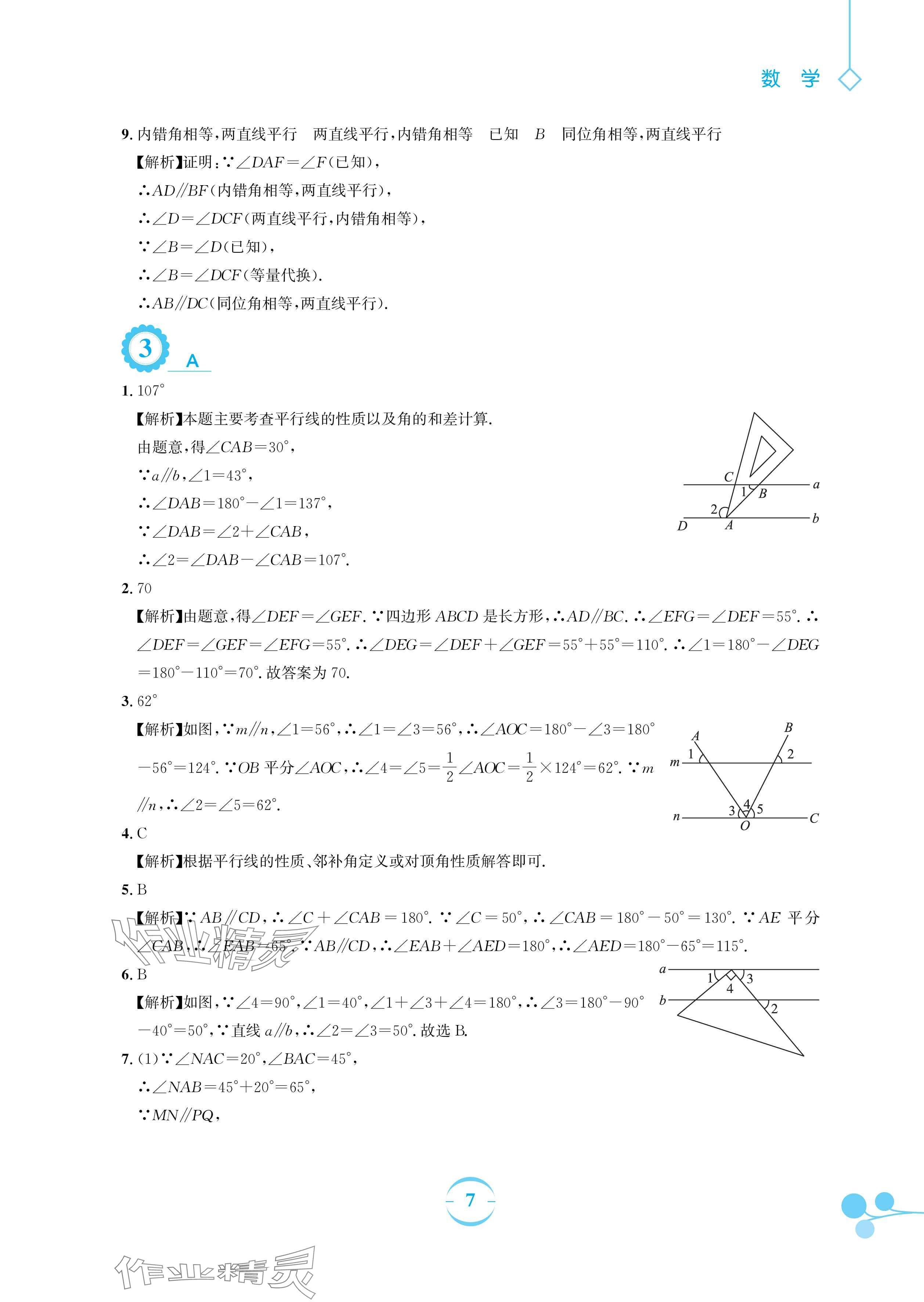 2024年暑假作业安徽教育出版社七年级数学人教版 参考答案第7页