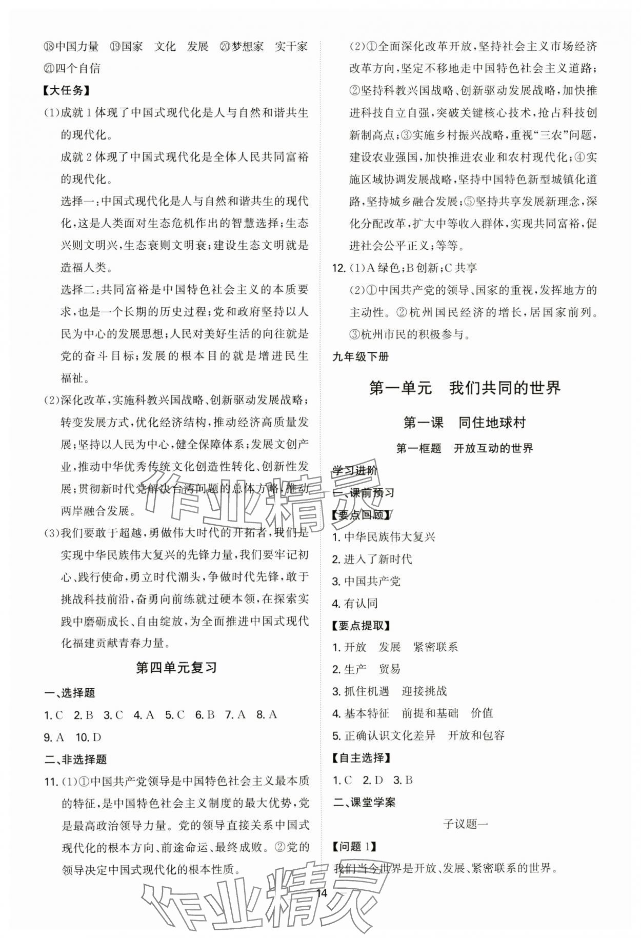 2024年新結構學習測評九年級道德與法治全一冊人教版 參考答案第14頁