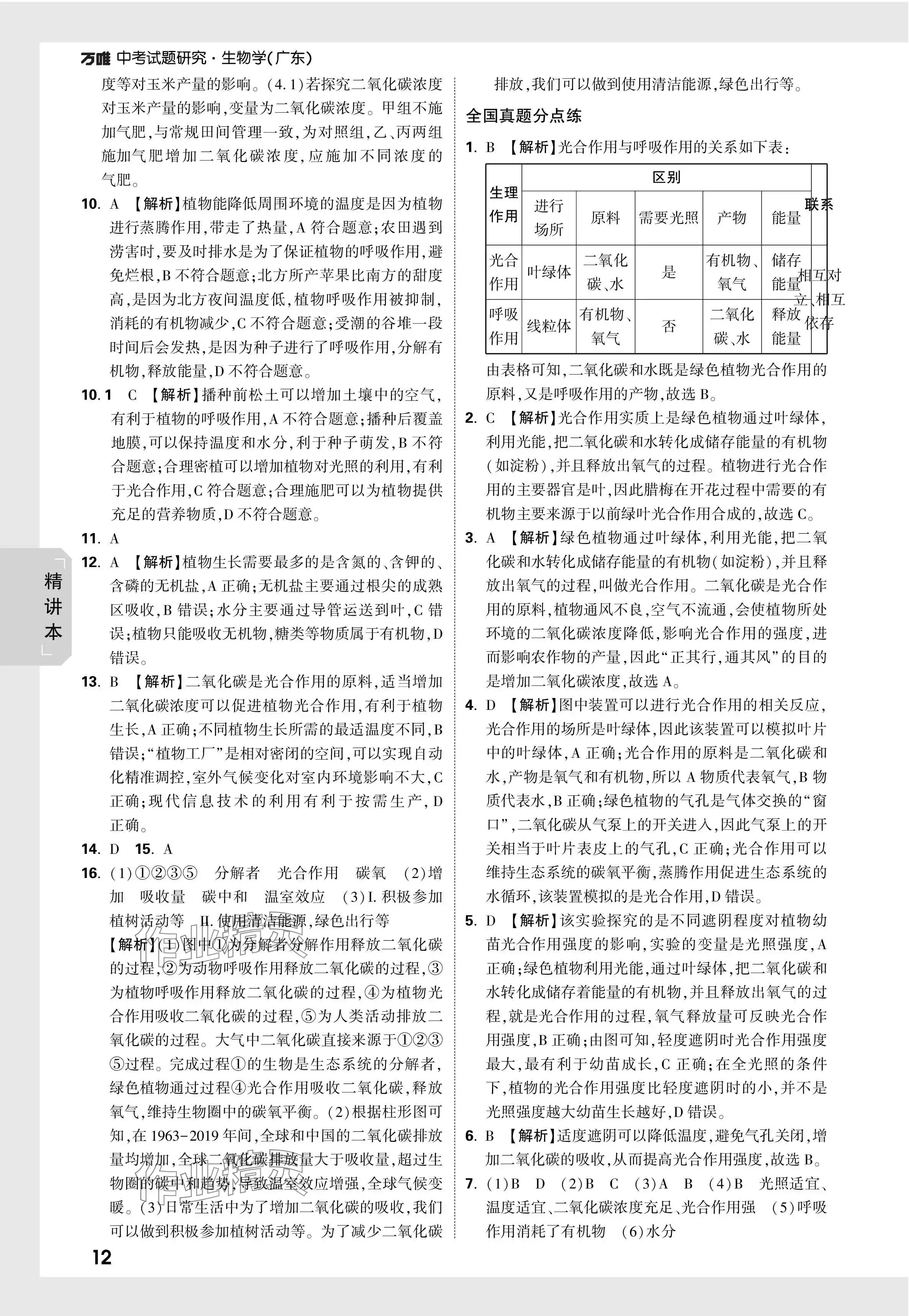 2024年万唯中考试题研究生物广东专版 参考答案第12页