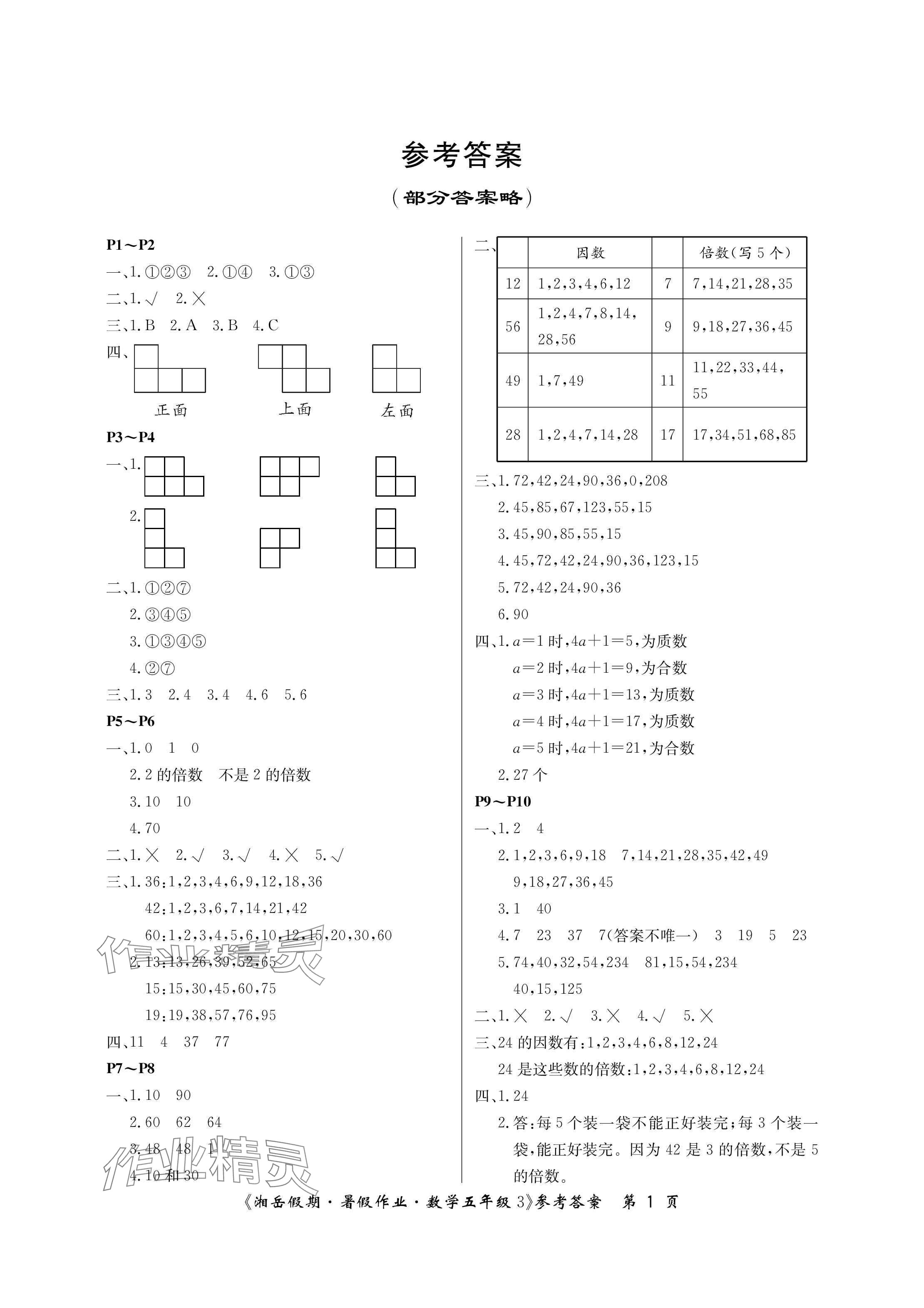 2024年湘岳假期暑假作業(yè)五年級(jí)數(shù)學(xué)人教版 參考答案第1頁