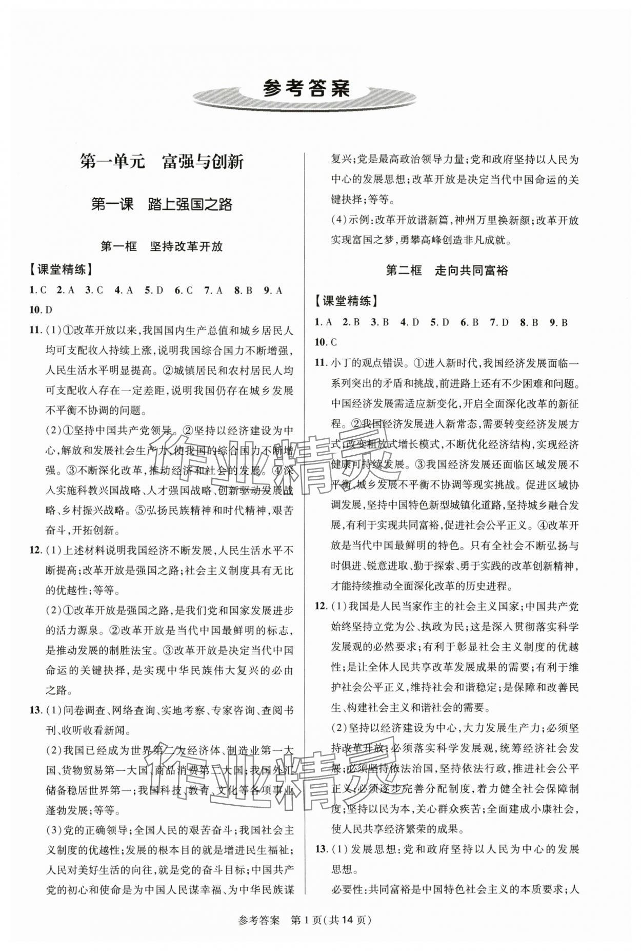 2024年课堂精练九年级道德与法治上册人教版河南专版 参考答案第1页