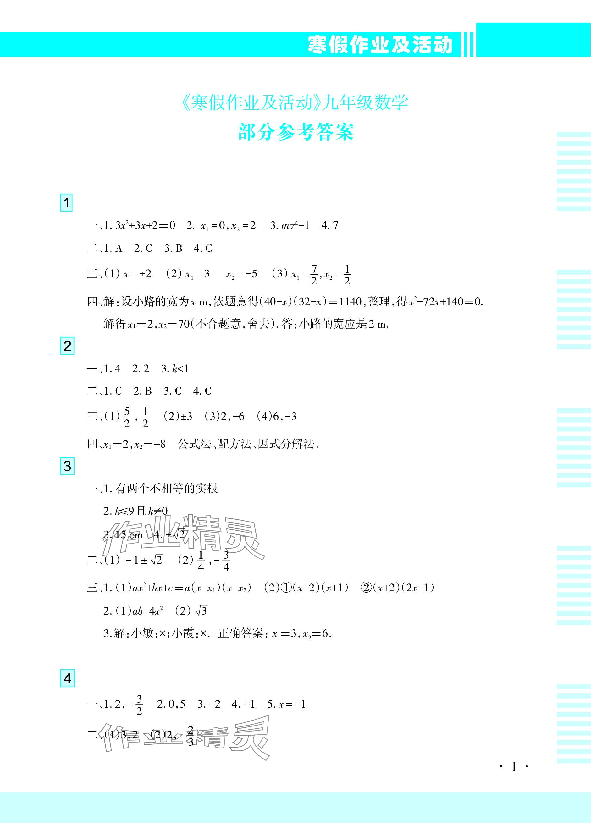 2024年寒假作业及活动九年级数学 参考答案第1页