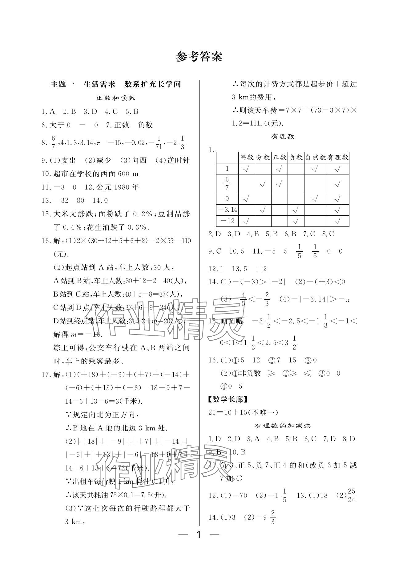2024年Happy寒假作业Winter快乐寒假七年级数学 参考答案第1页