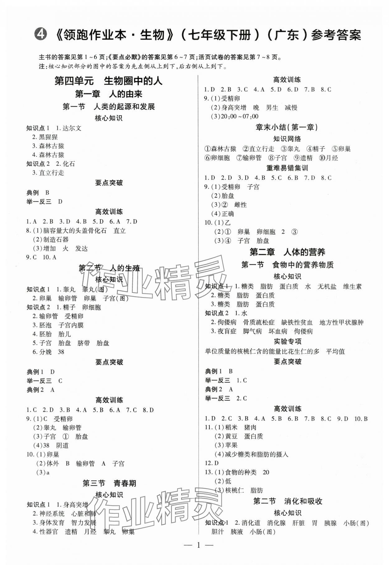 2024年领跑作业本七年级生物下册人教版 第1页