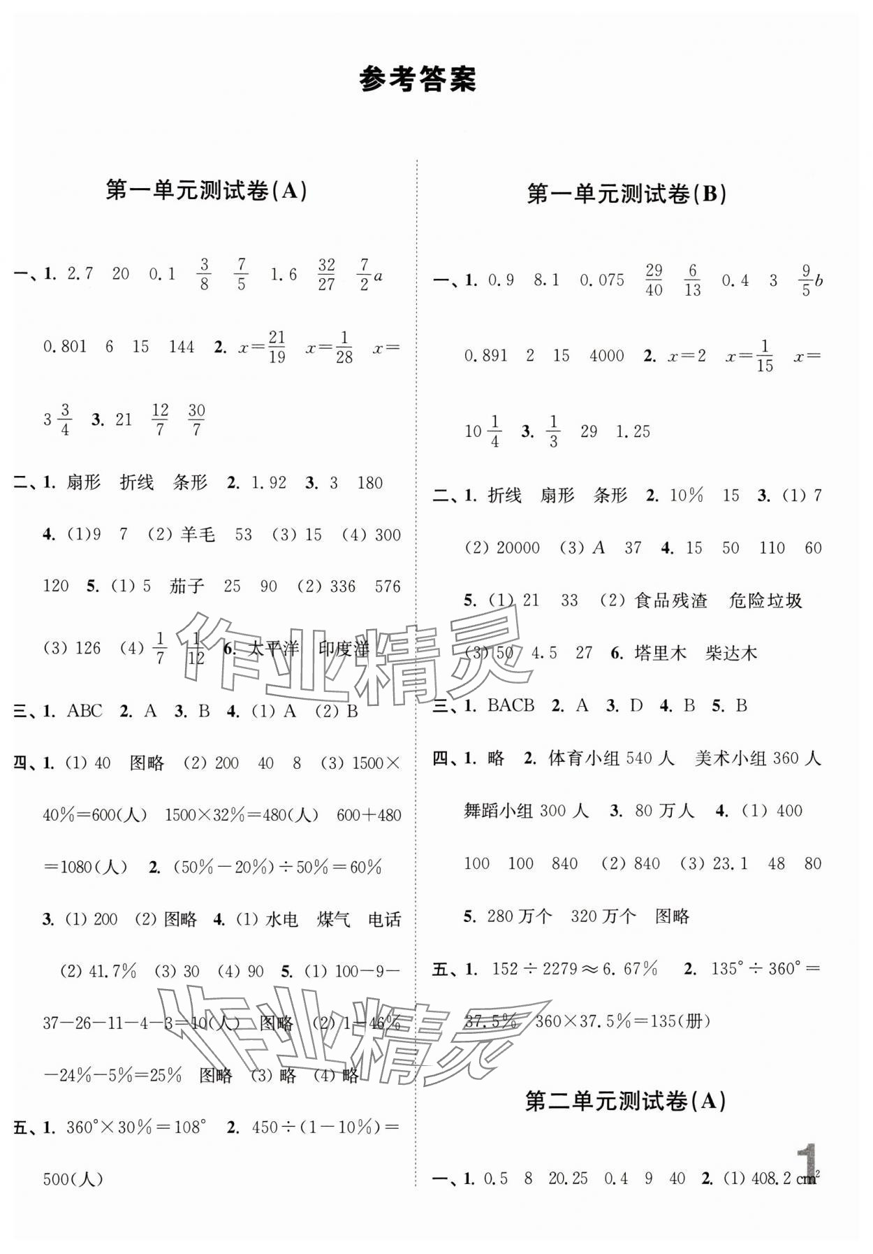 2024年江苏密卷六年级数学下册苏教版 参考答案第1页