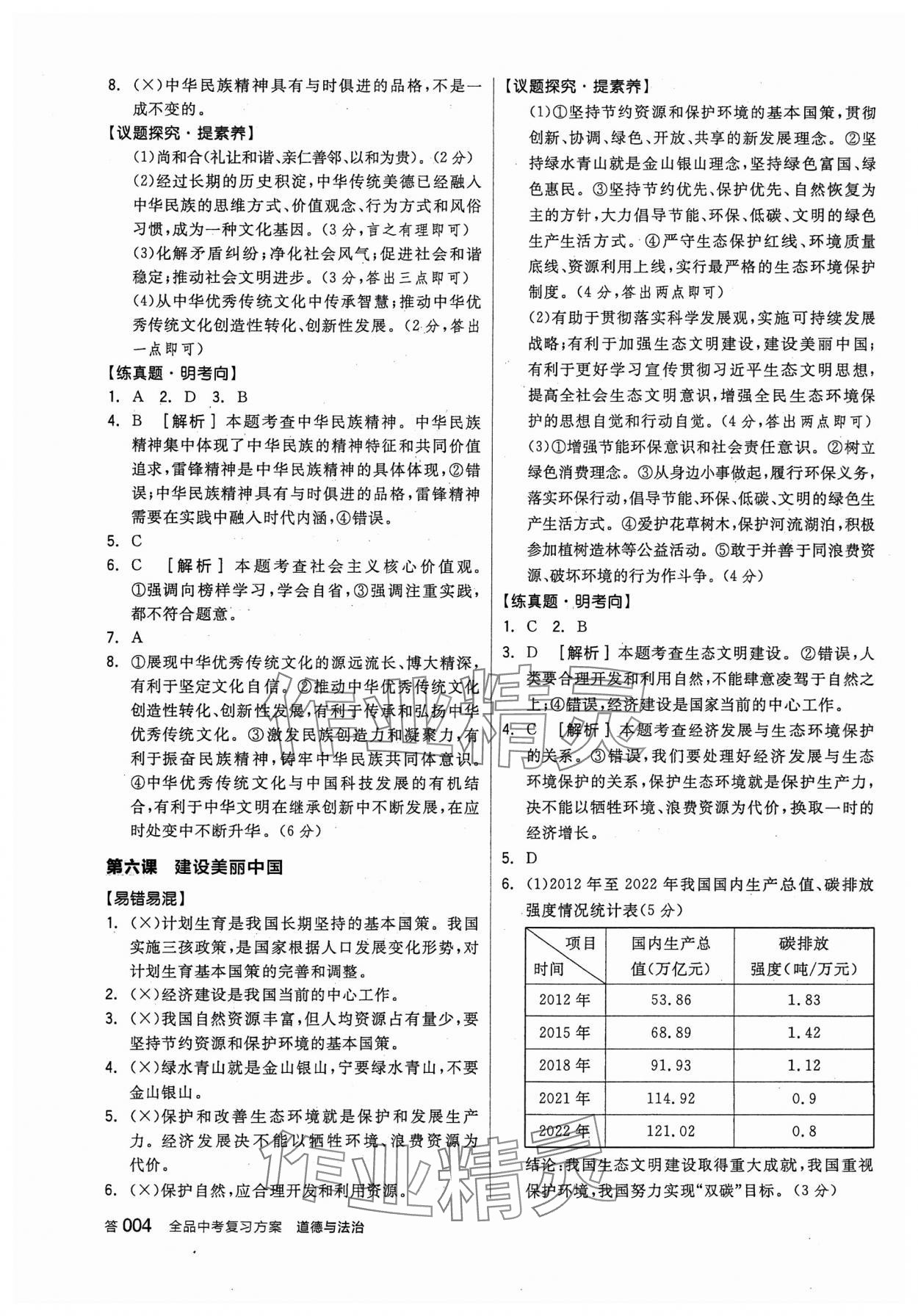 2024年全品中考复习方案道德与法治听课手册 参考答案第3页