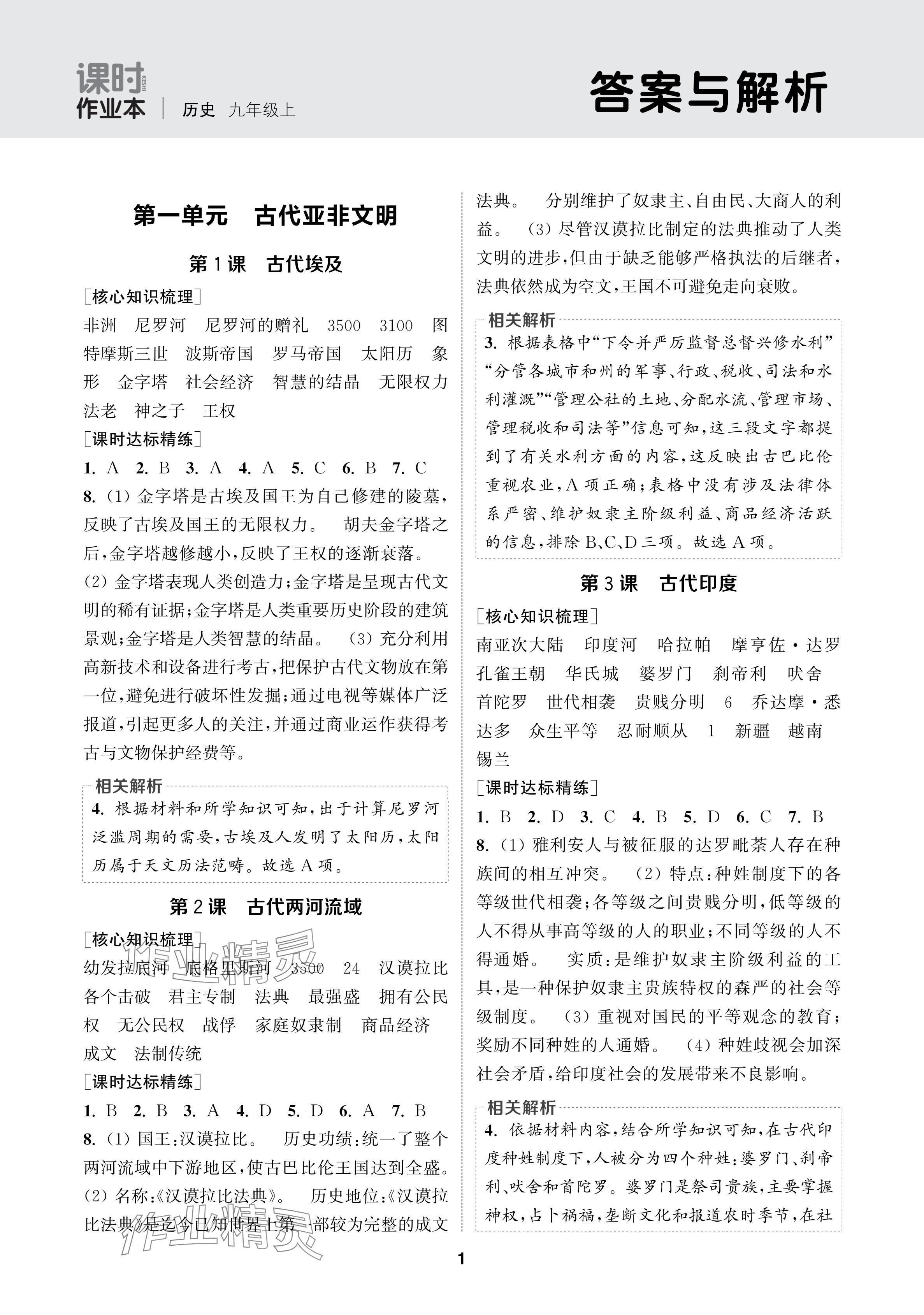 2024年通城学典课时作业本九年级历史上册人教版苏州专版 参考答案第1页