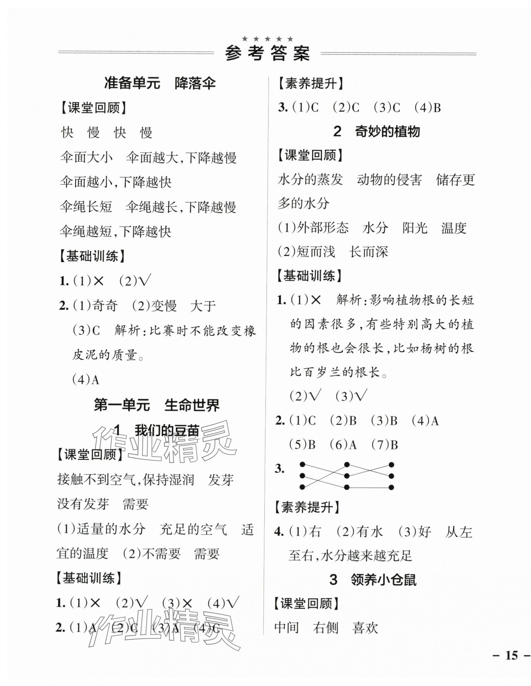 2024年小學學霸作業(yè)本四年級科學下冊大象版 參考答案第1頁