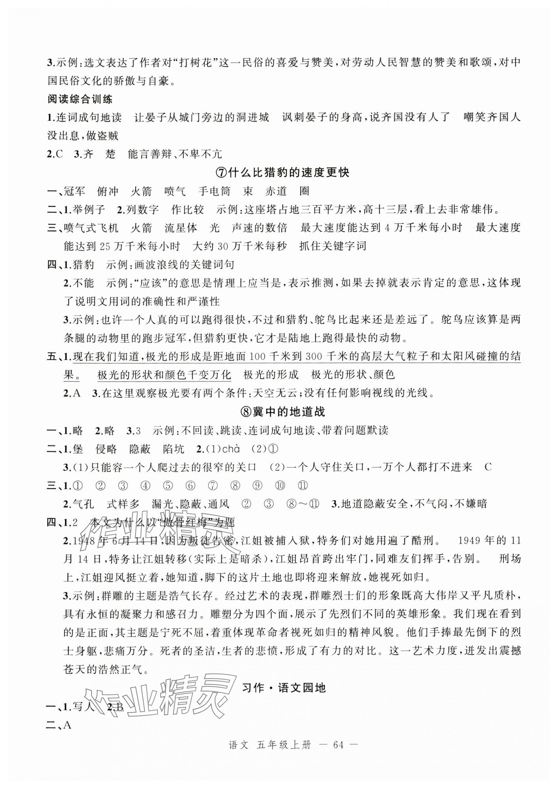 2024年名师面对面先学后练五年级语文上册人教版浙江专版 参考答案第4页