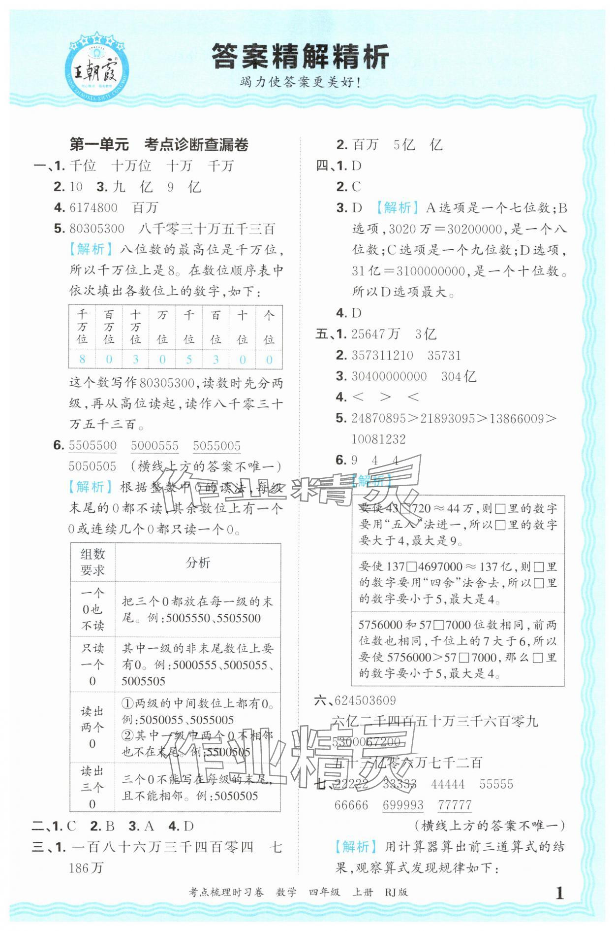 2024年王朝霞考点梳理时习卷四年级数学上册人教版 第1页