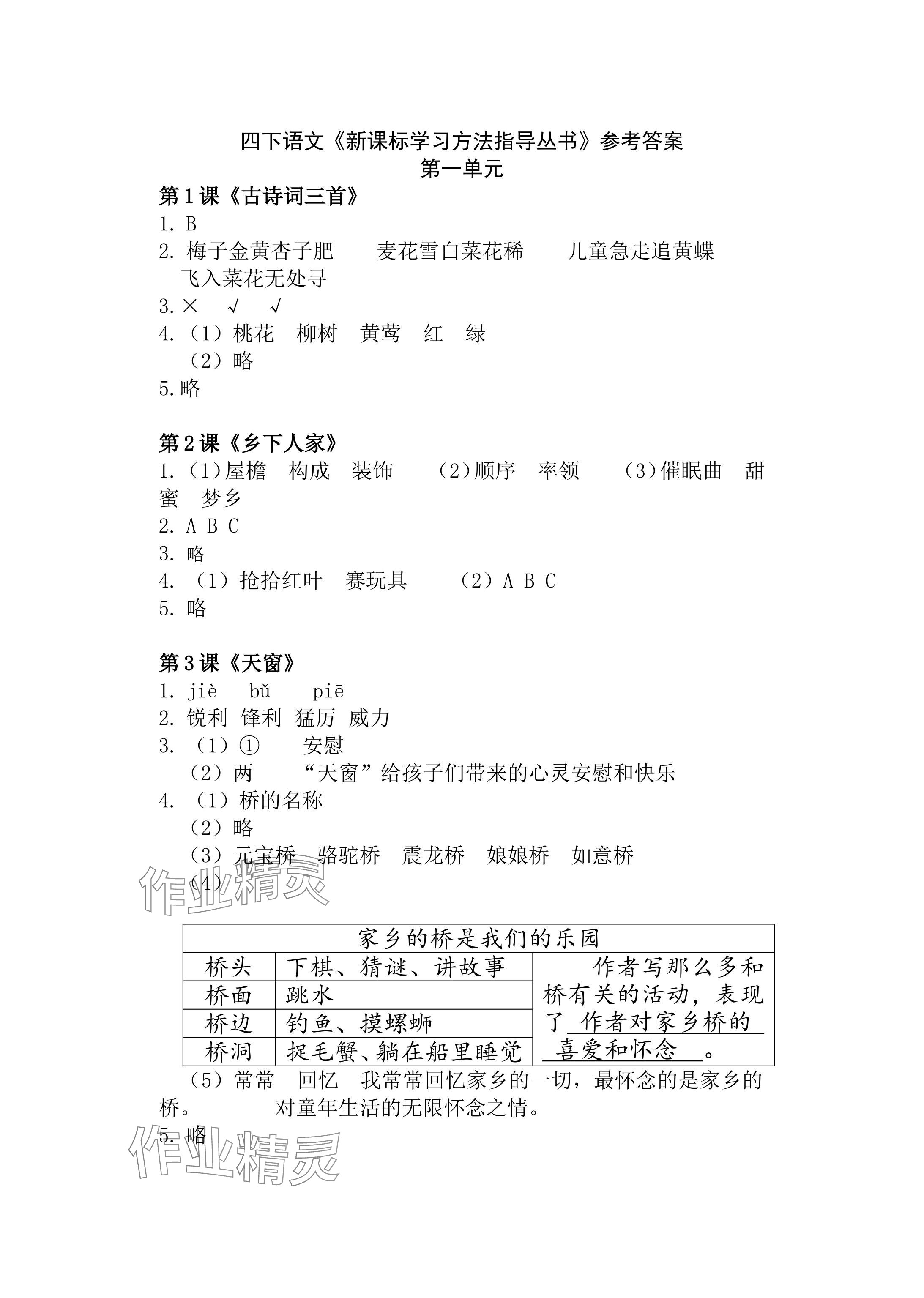 2024年新課標(biāo)學(xué)習(xí)方法指導(dǎo)叢書四年級語文下冊人教版 參考答案第1頁