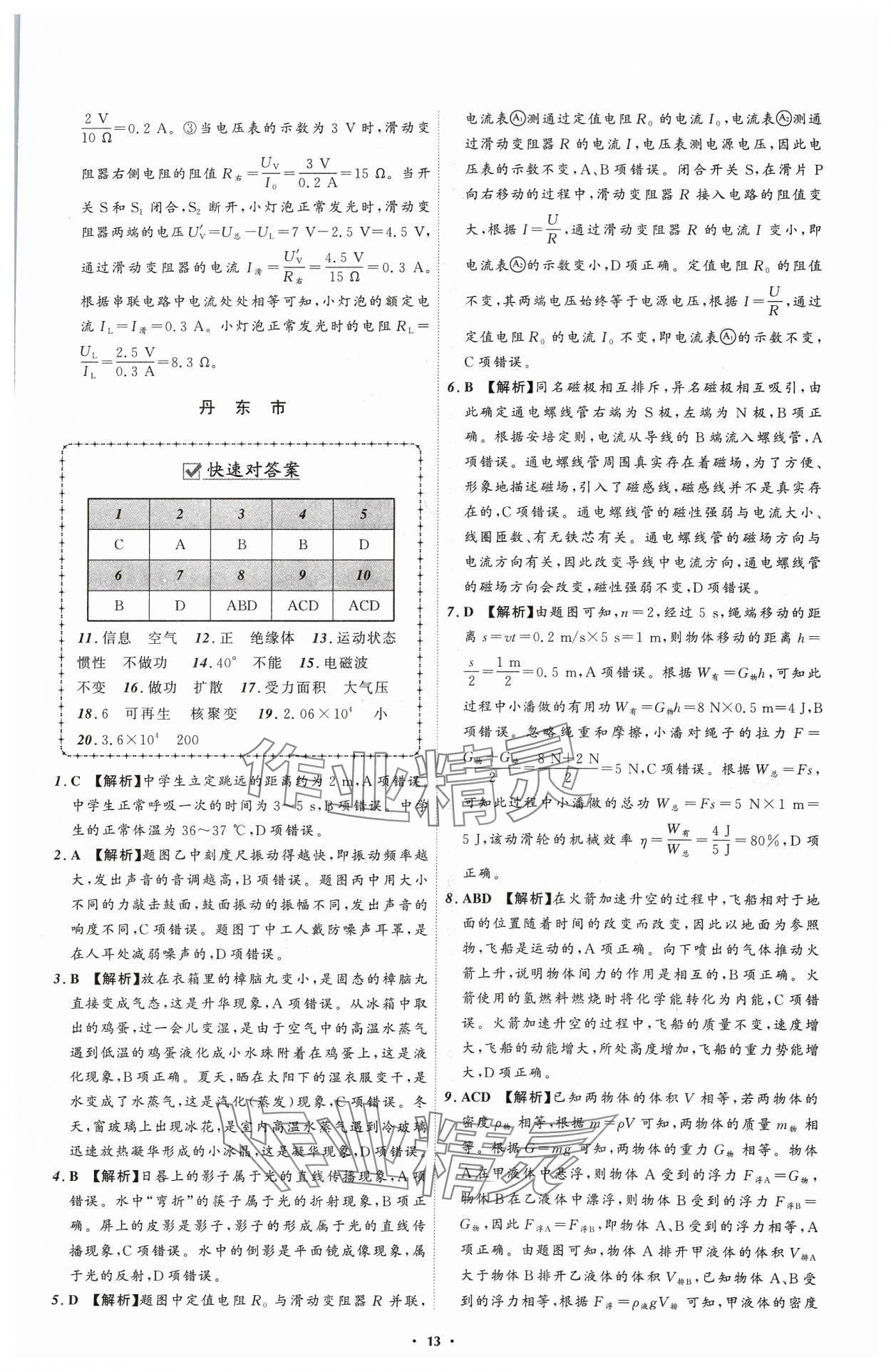 2024年中考必备辽宁师范大学出版社物理辽宁专版 参考答案第13页