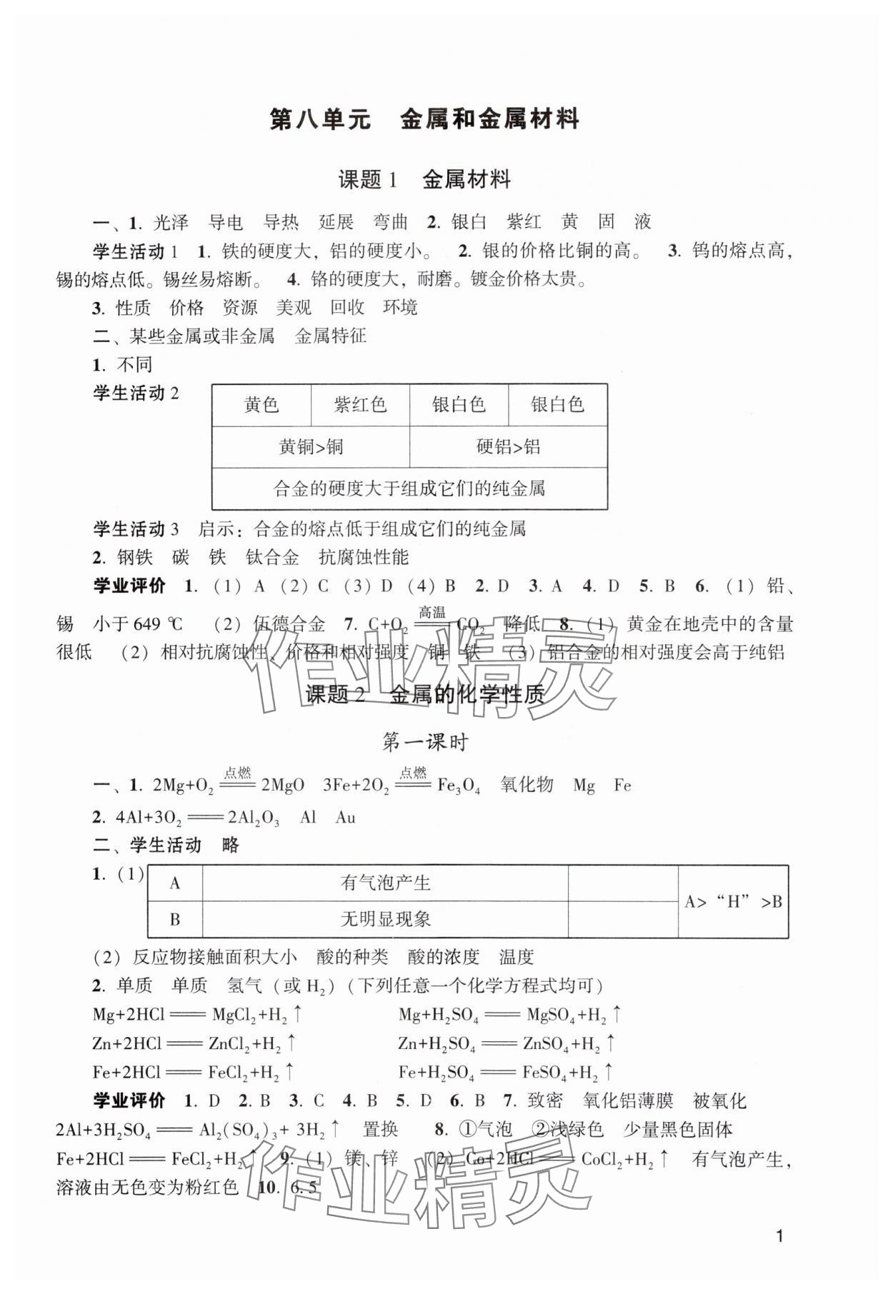 2024年陽光學業(yè)評價九年級化學下冊人教版 參考答案第1頁