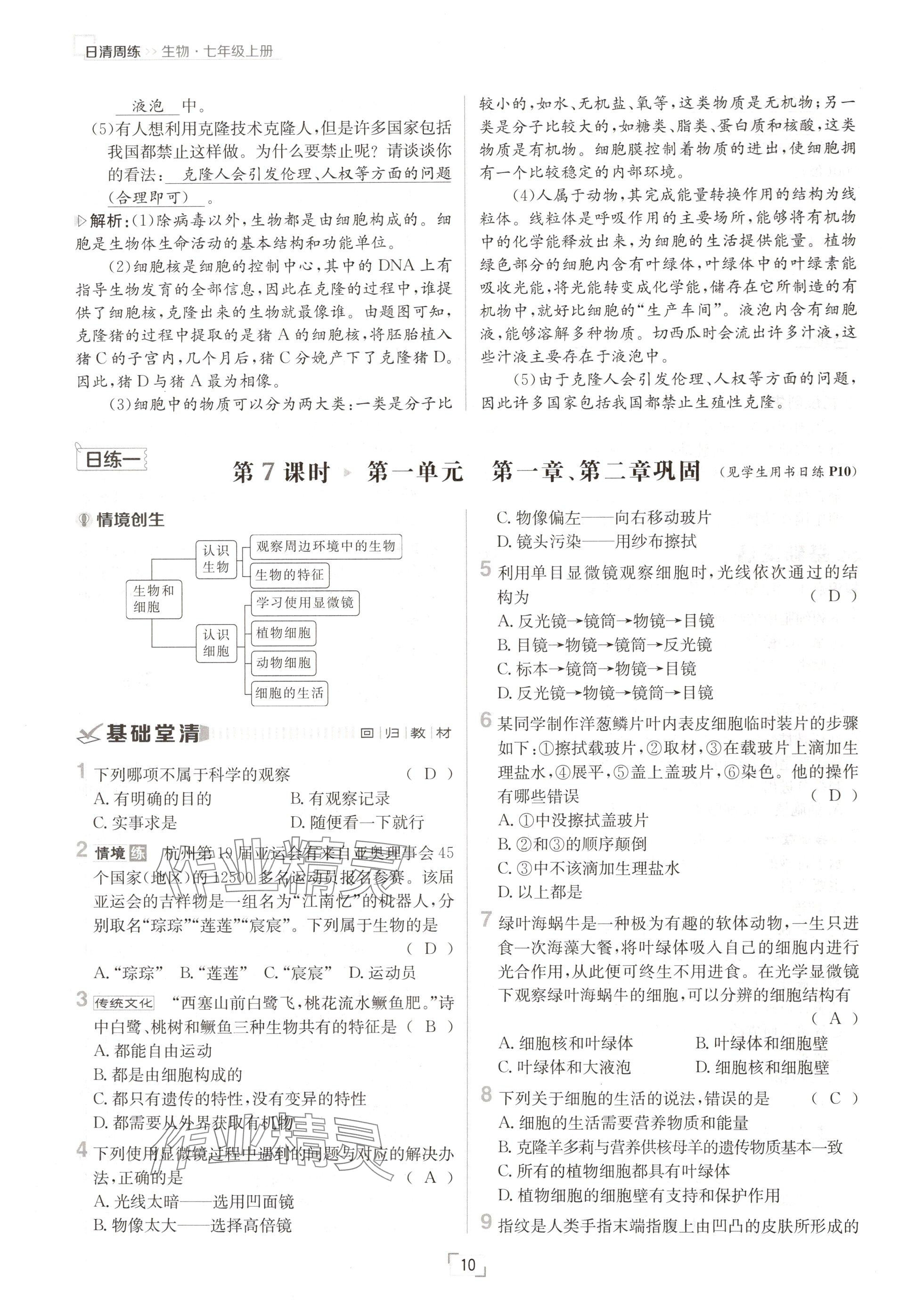 2024年日清周練七年級(jí)生物上冊(cè)人教版 參考答案第10頁