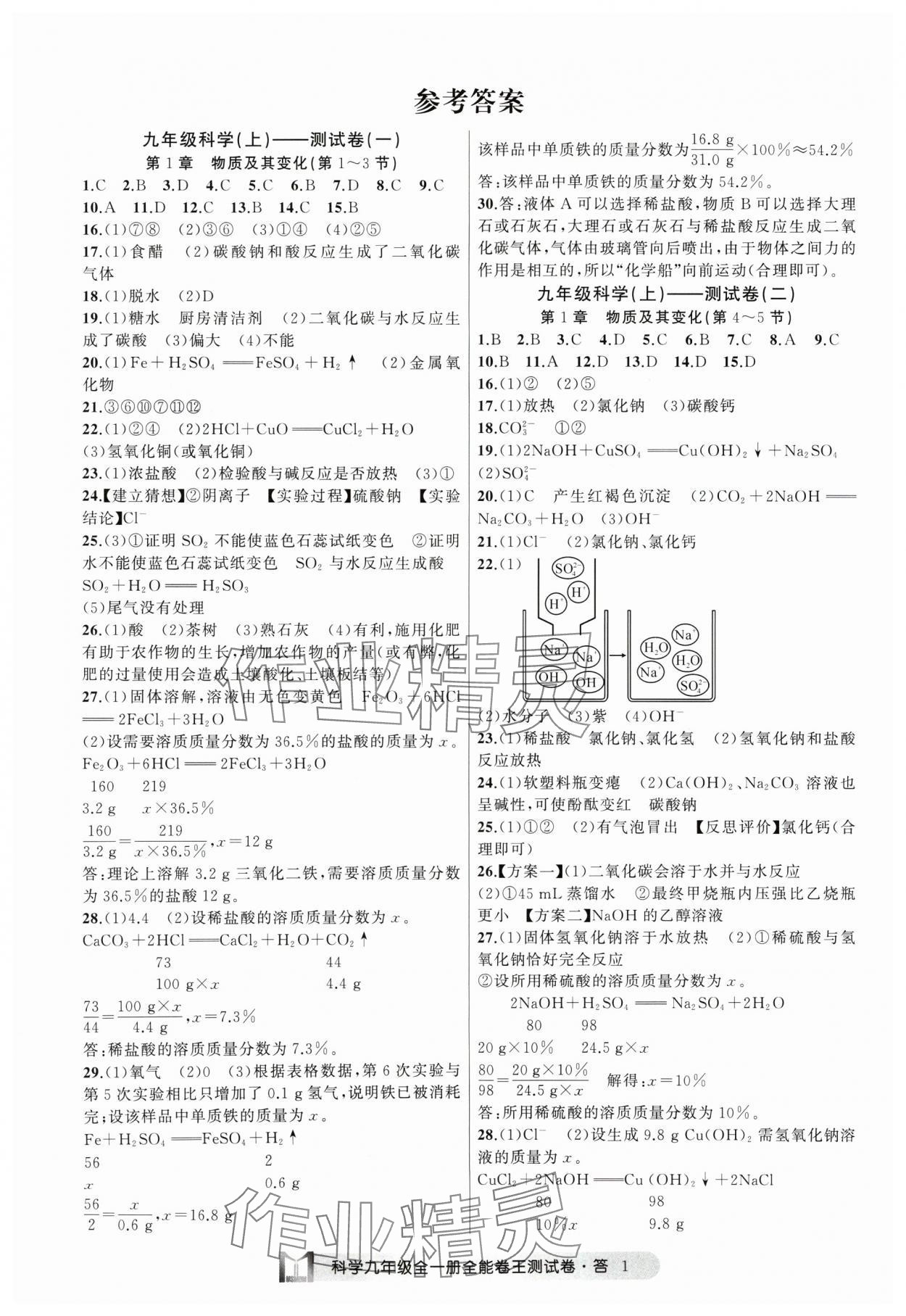 2024年全能卷王单元测试卷九年级科学全一册浙教版 参考答案第1页