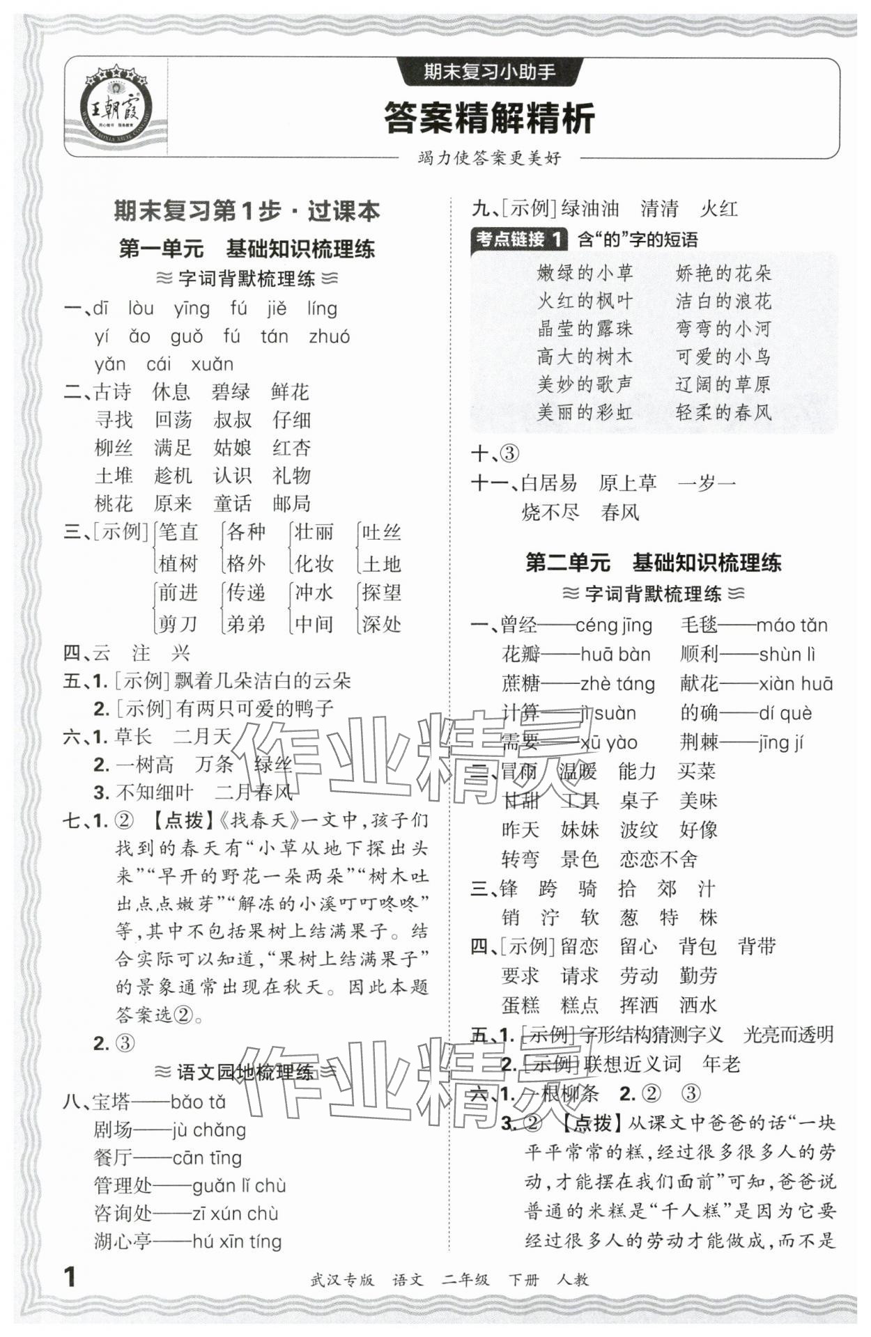 2024年王朝霞期末真题精编二年级语文下册人教版武汉专版 参考答案第1页