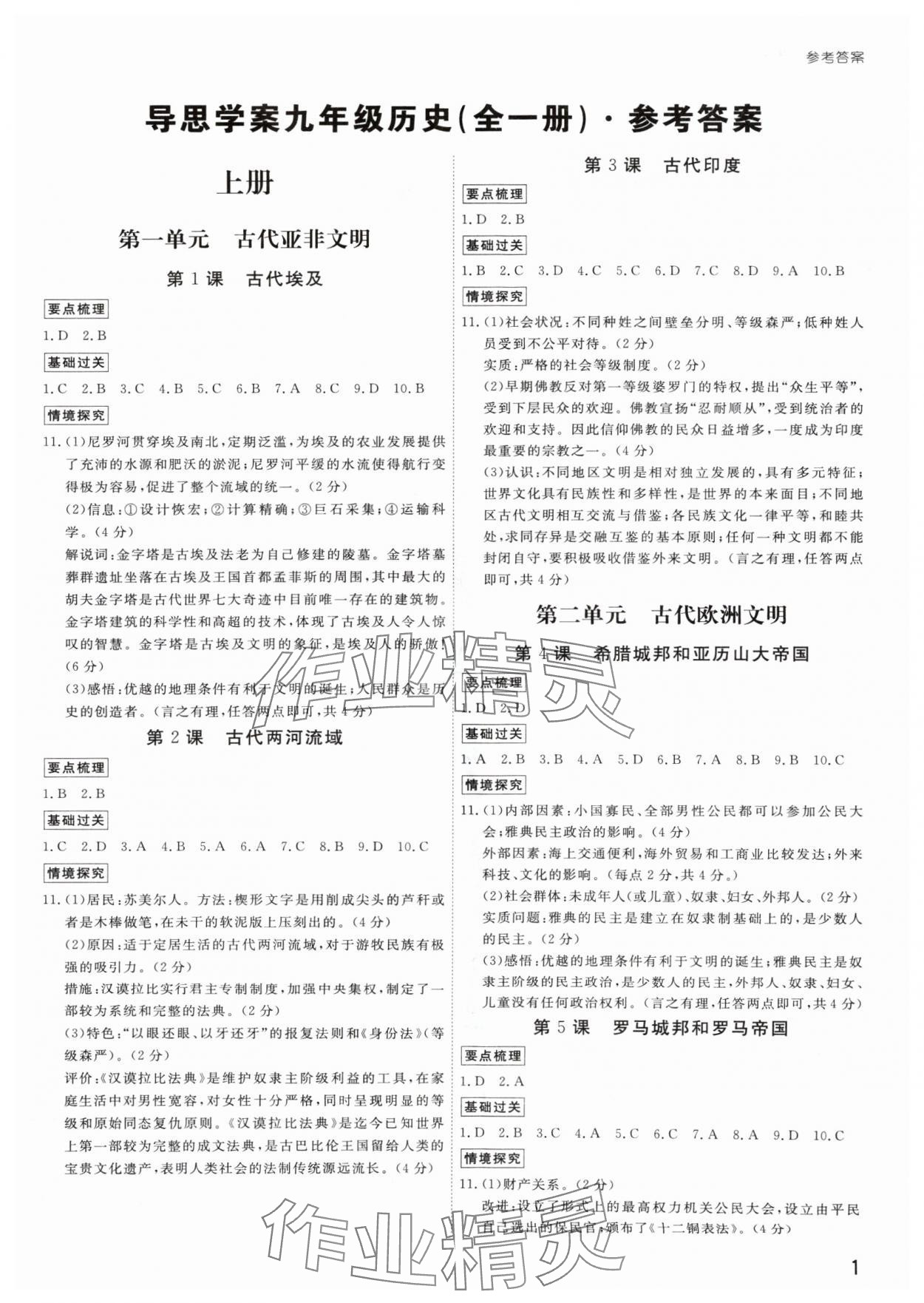 2024年導思學案九年級歷史全一冊人教版深圳專版 參考答案第1頁